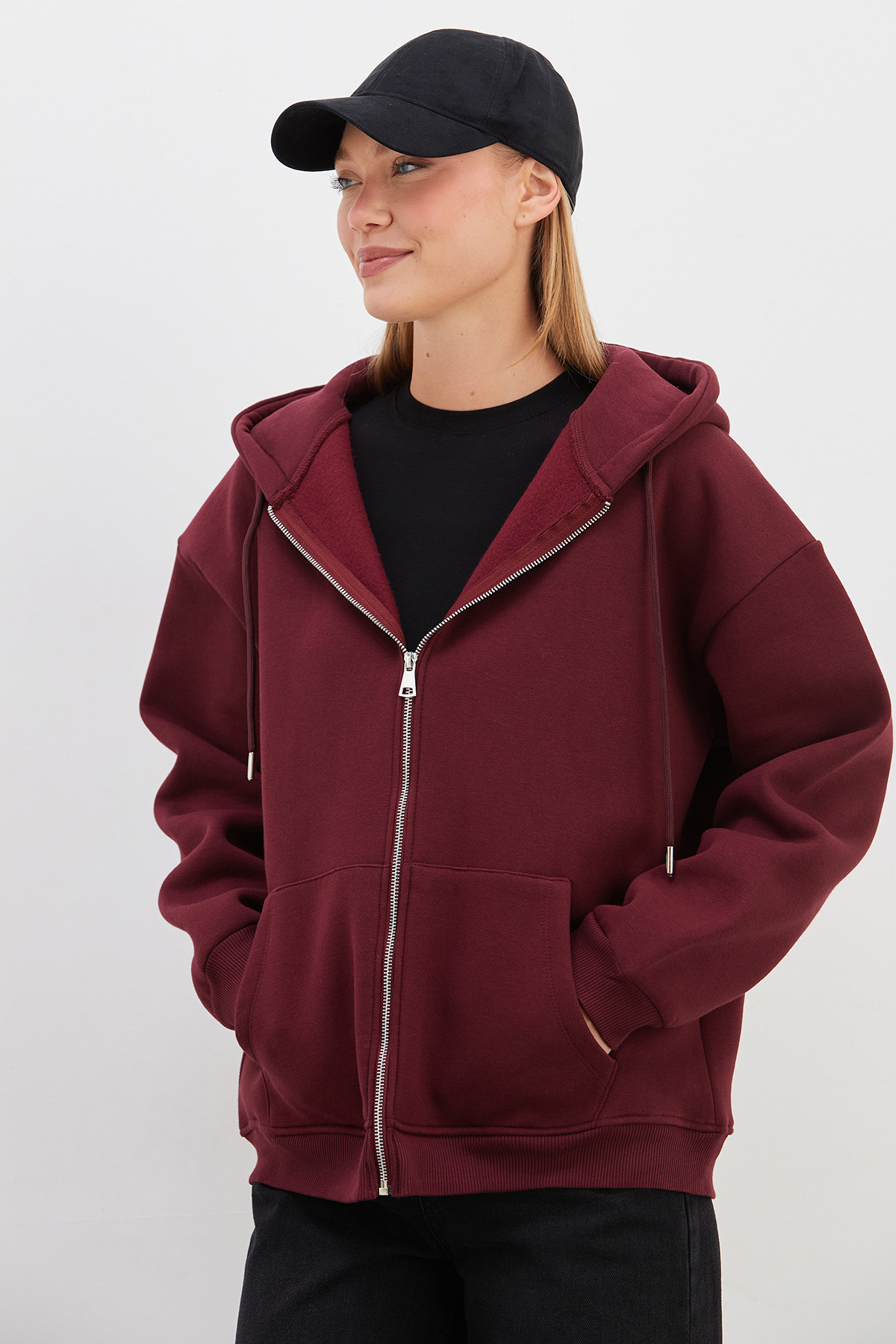 Fulla Moda 3 İplik Basic Fermuarlı Kapüşonlu Oversize Sweatshirt görsel 7