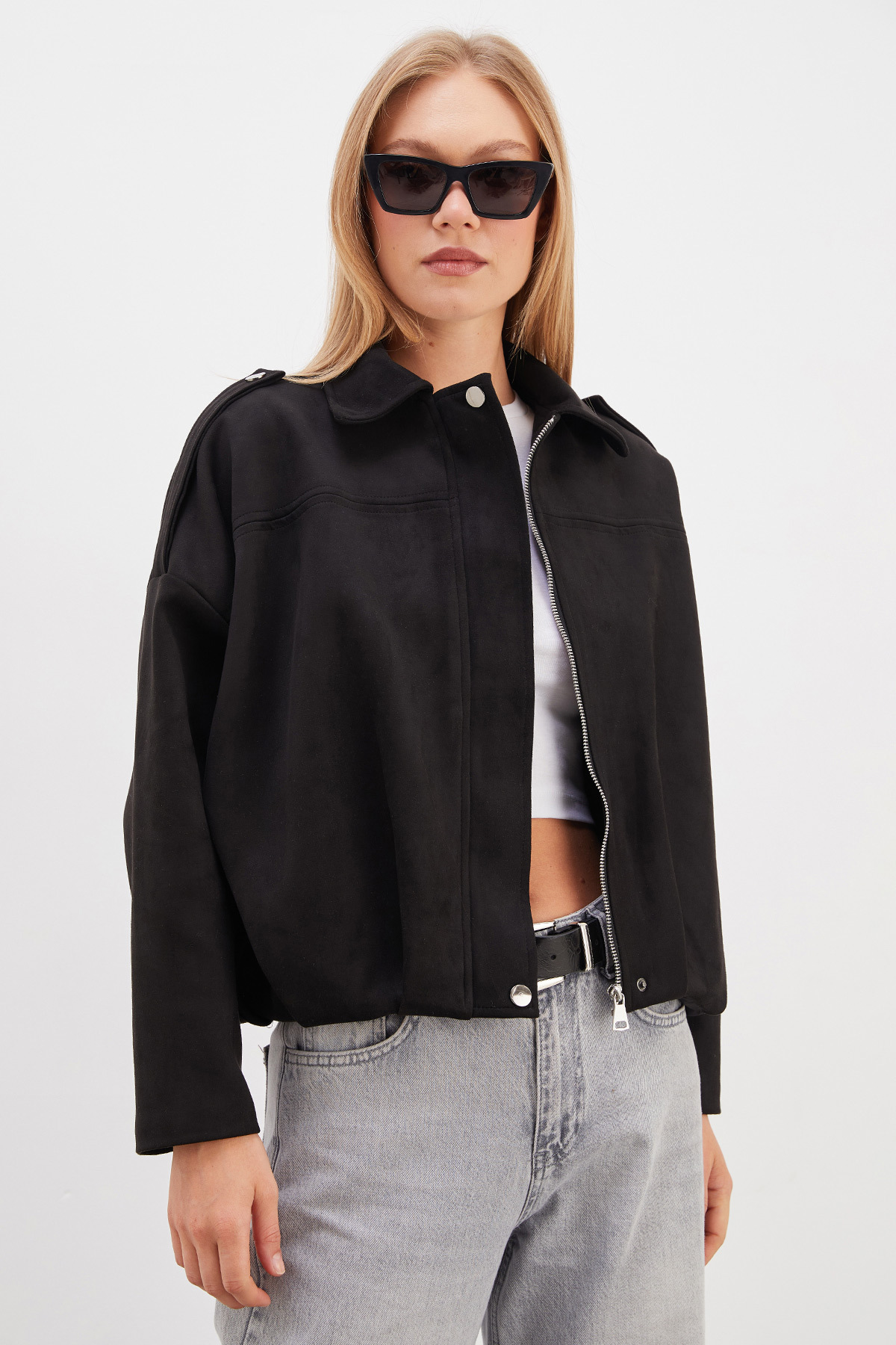 Fulla Moda Fermuarlı Polo Yaka Süet Bomber Ceket görsel 5