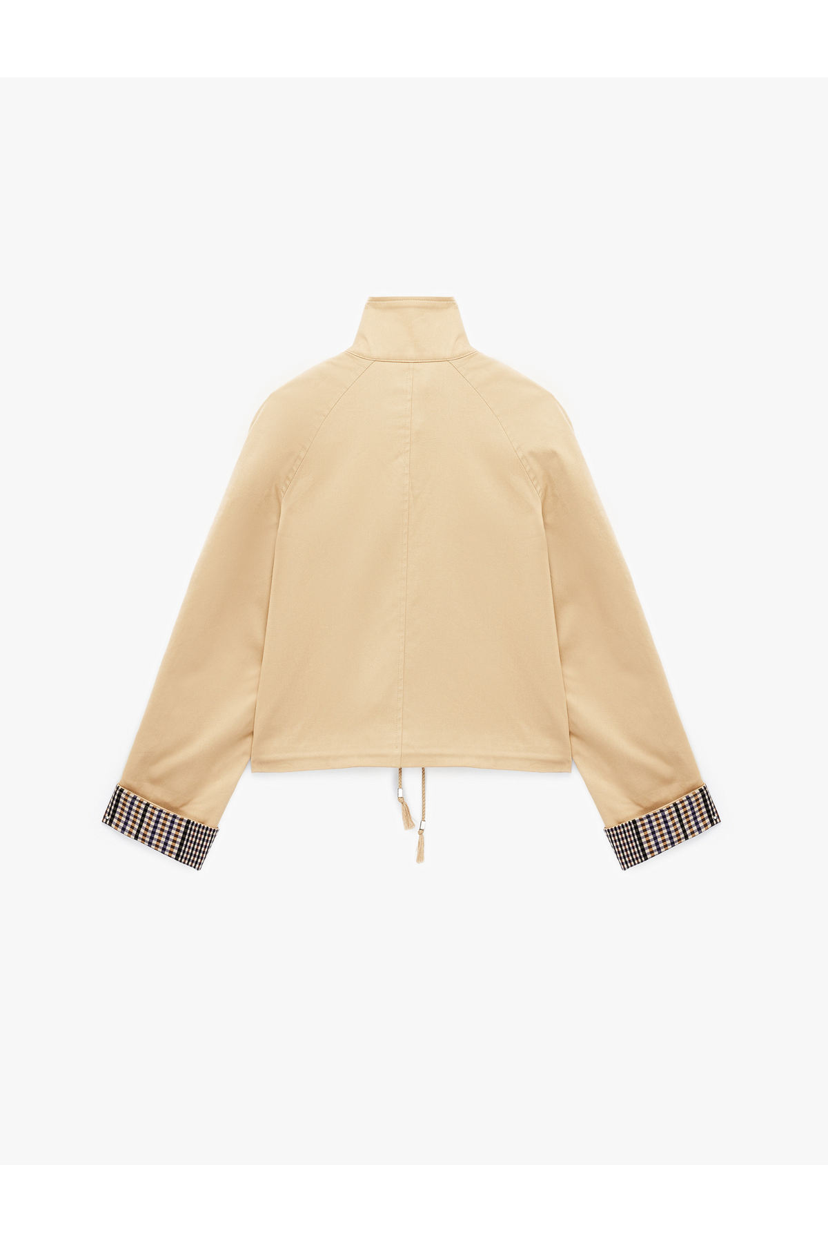 Koton Uzun Kollu Düğmeli Ekose Astarlı Oversize Gabardin Dik Yaka Kısa Trençkot görsel 2