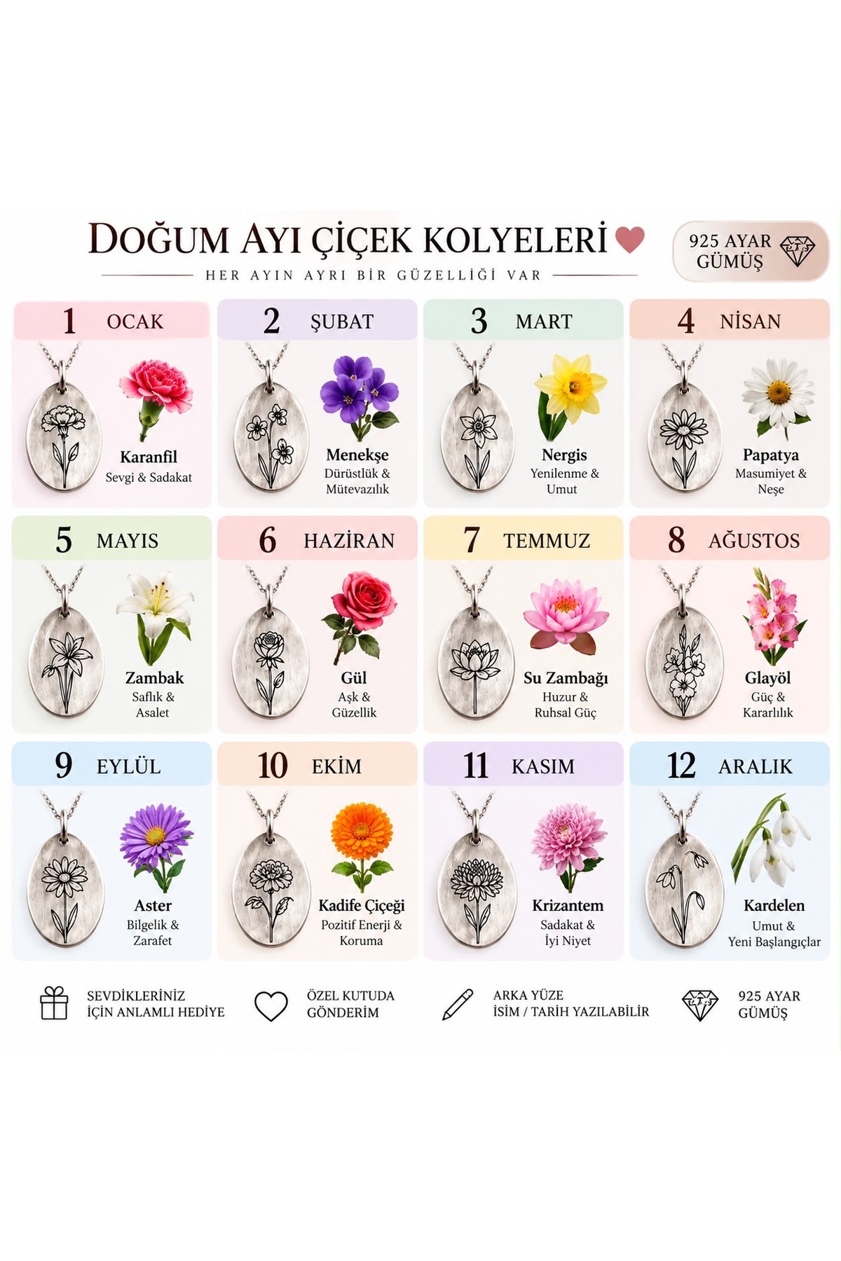 Baskın gümüş 925 Ayar Gümüş, Doğum Ayı Çiçeği Kolye, Kişiye Özel İsim, Tarih, Kadın Kolye, Hediye görsel 5