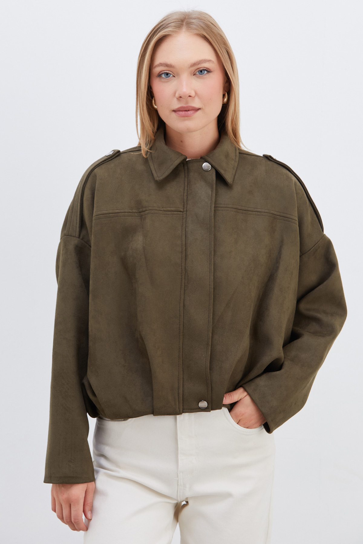 Fulla Moda Fermuarlı Polo Yaka Süet Bomber Ceket görsel 7