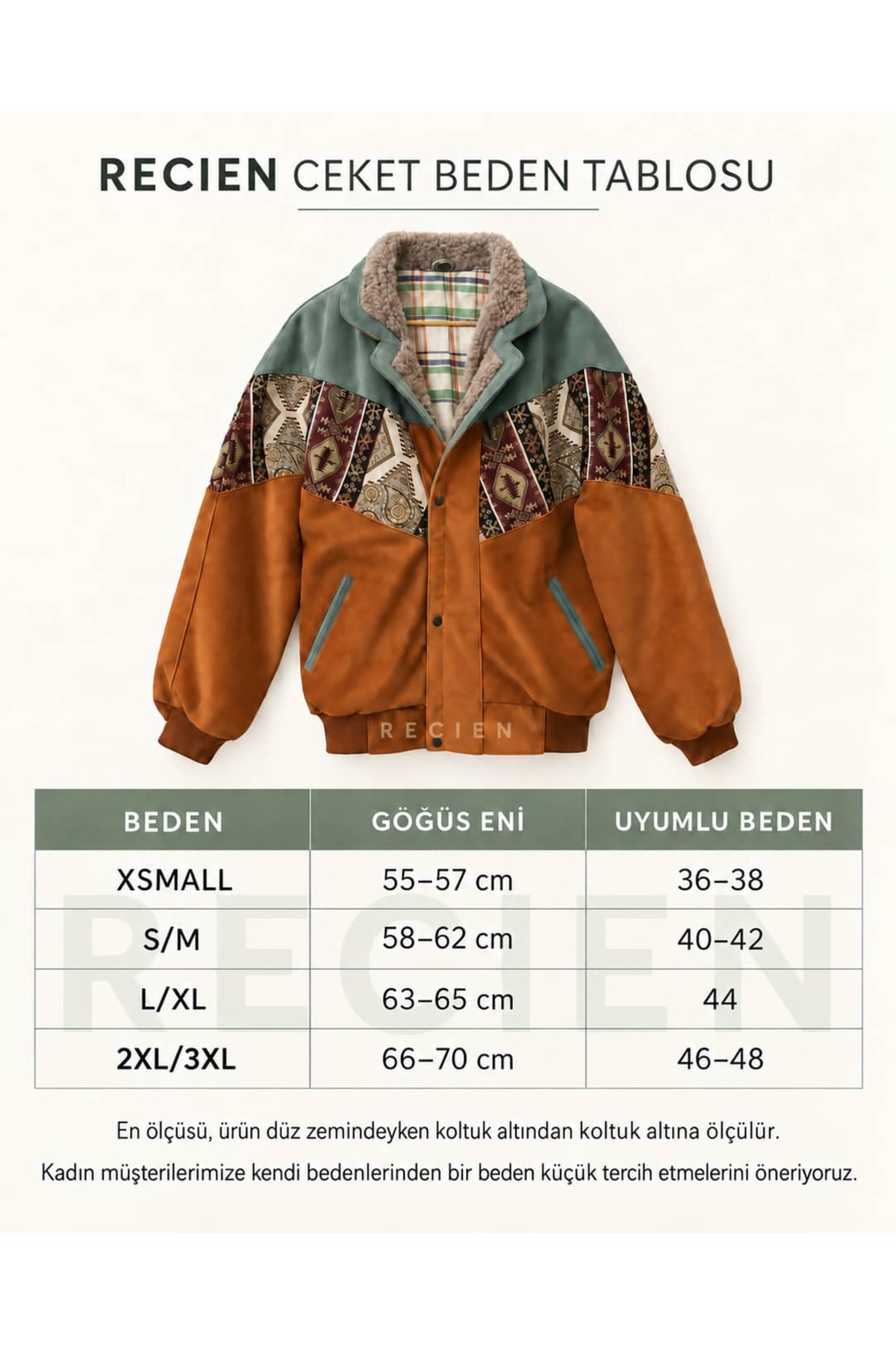 CANMODA (8026) Recien Unisex Kürklü Yaka Vintage Aztek Ceket Oversize 90lar Mont 2XLarge / 3XLarge Uyumlu görsel 6