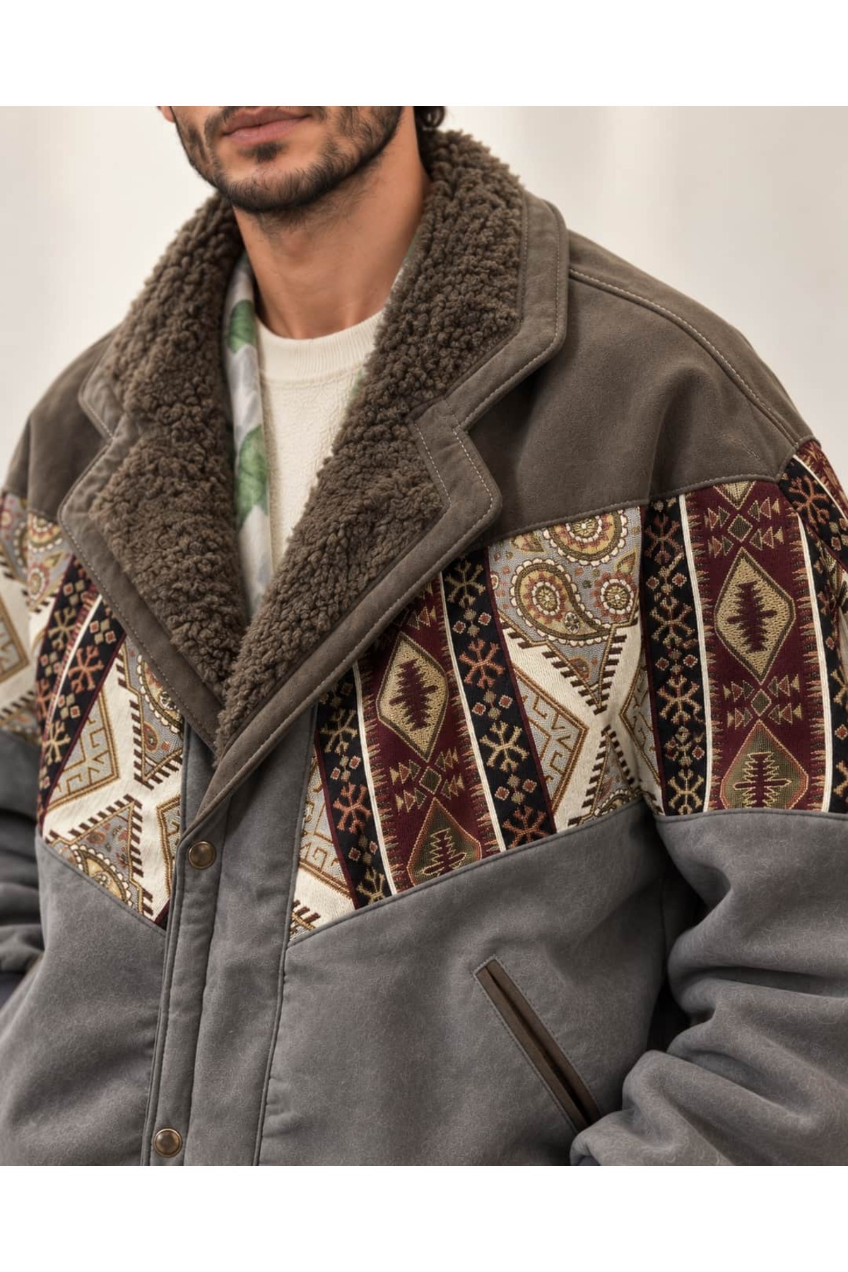 CANMODA (8026) Recien Unisex Kürklü Yaka Vintage Aztek Ceket Oversize 90lar Mont 2XLarge / 3XLarge Uyumlu görsel 3