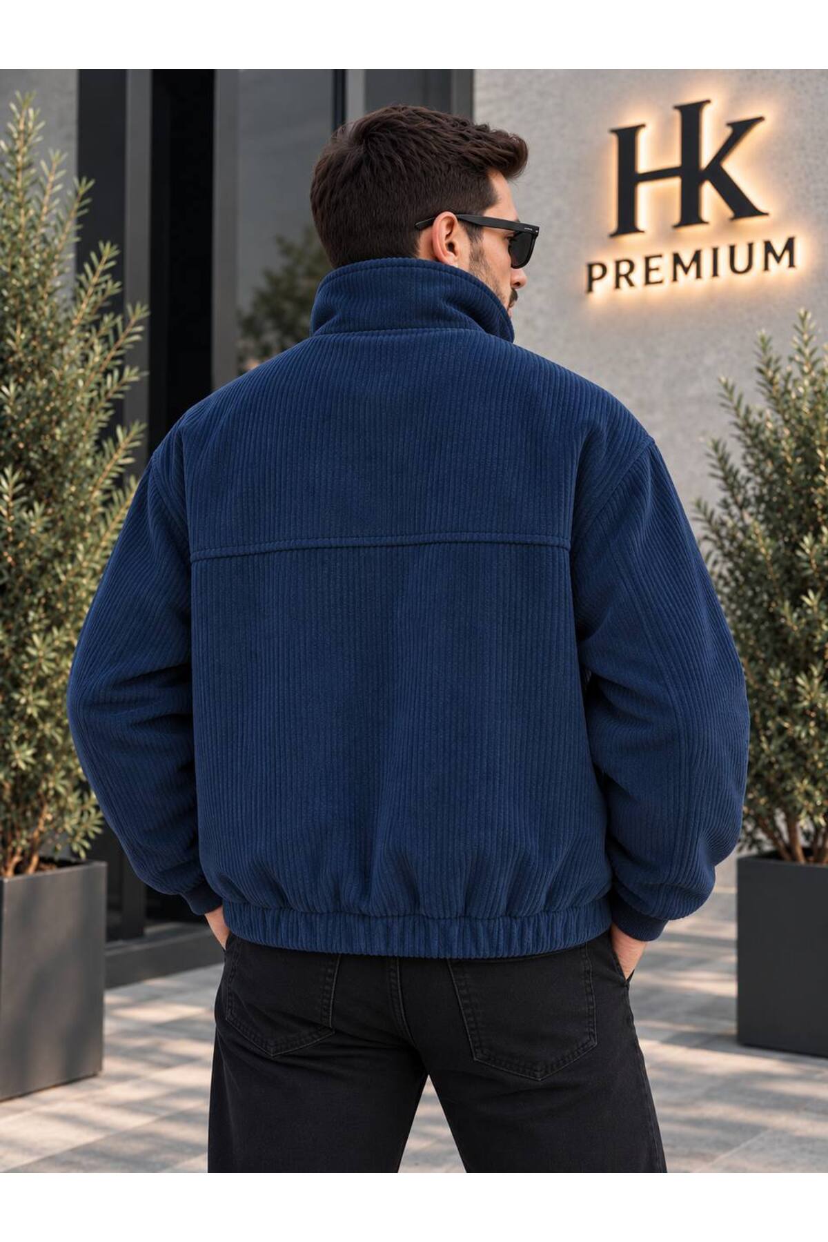 Erkek Fitilli Kadife Mont Astarsız Oversize Dik Yaka Çıtçıtlı Bomber Ceket — سرمه‌ای 8234 — تصویر 3 از 5
