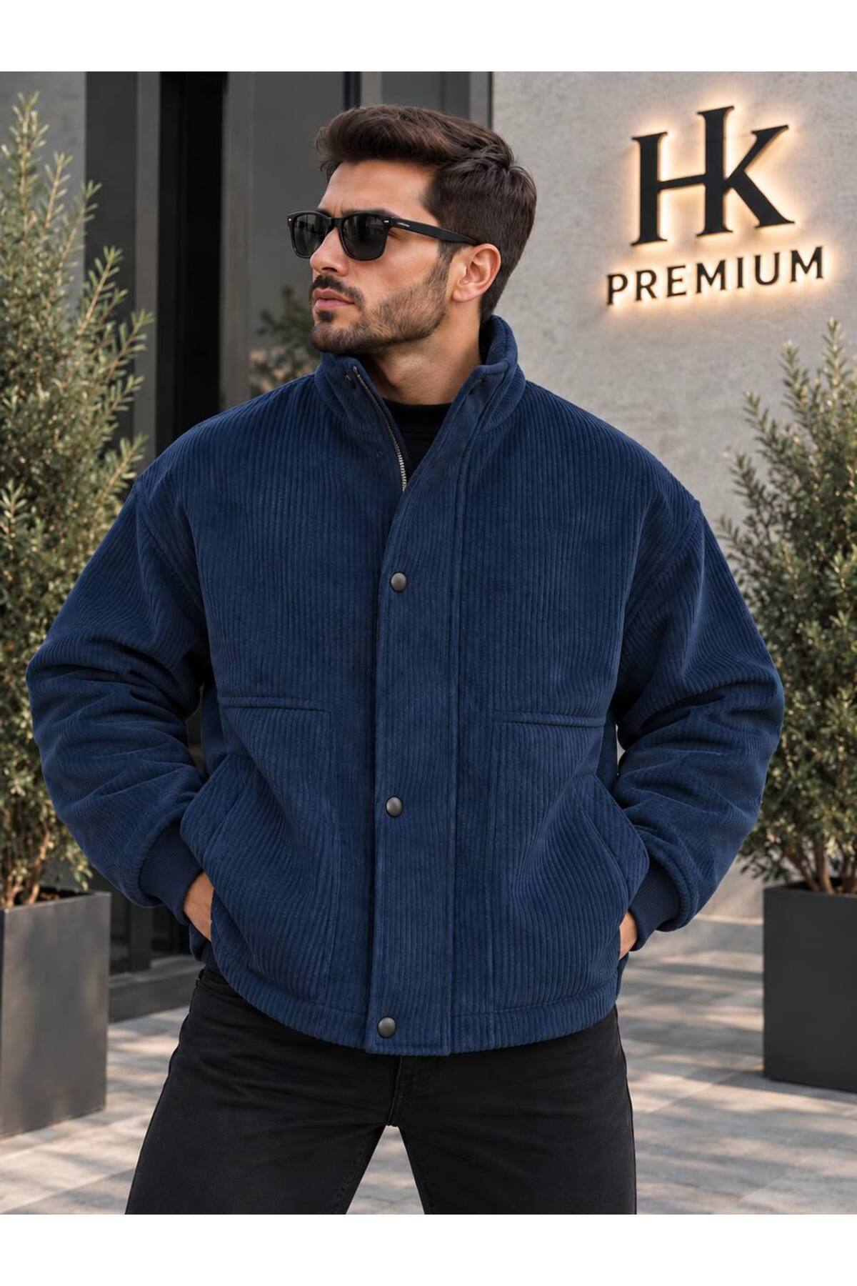 Erkek Fitilli Kadife Mont Astarsız Oversize Dik Yaka Çıtçıtlı Bomber Ceket — سرمه‌ای 8234