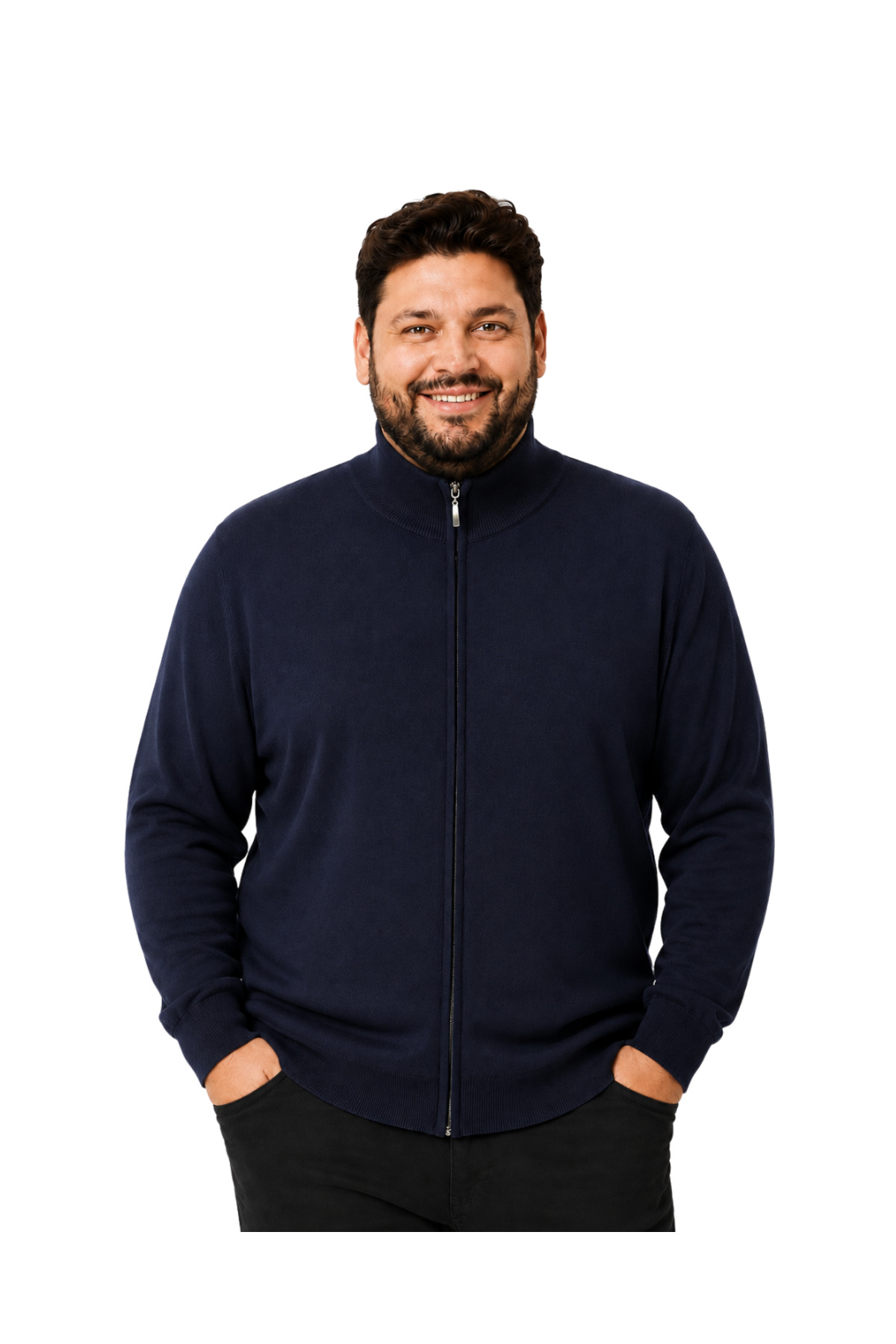 BattalModa Erkek Büyük Beden Lacivert Fermuarlı Dik Yaka Pamuklu Hırka 3XL-4XL-5XL-6XL