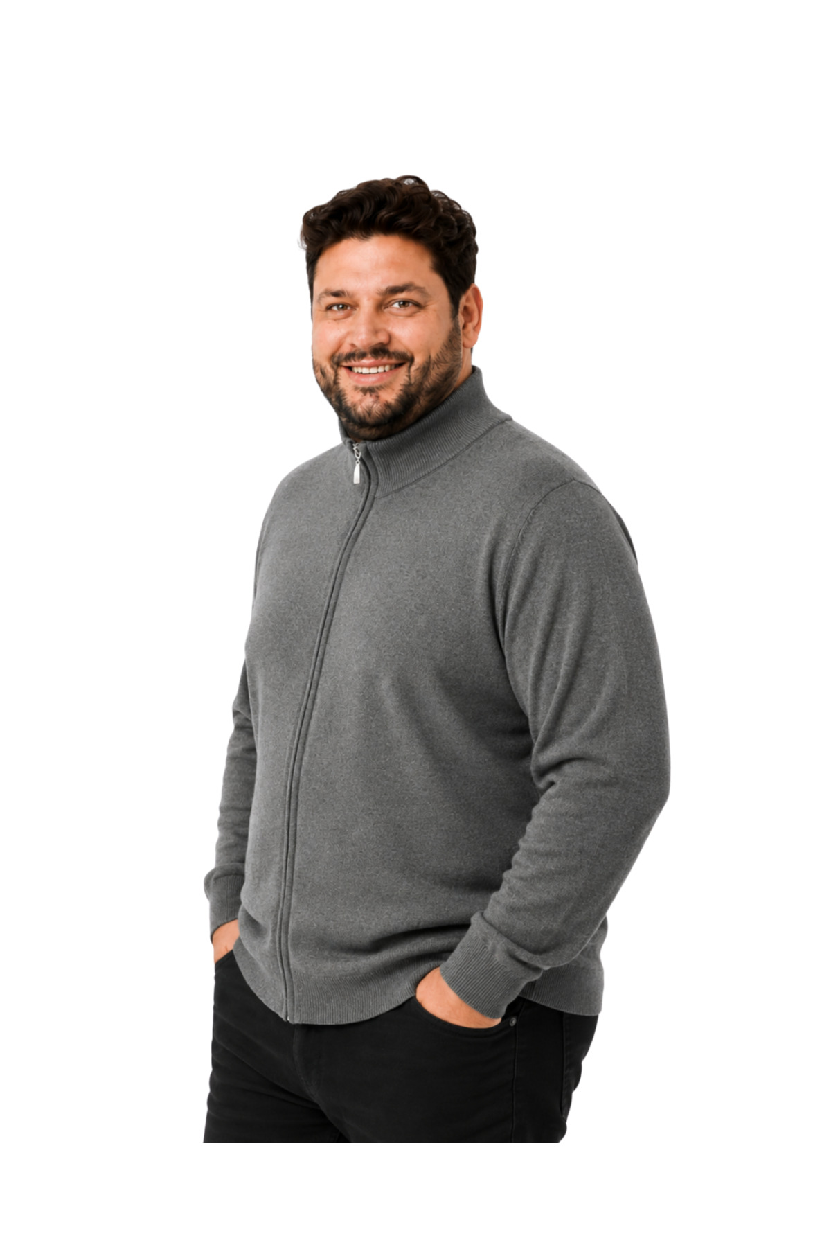 BattalModa Erkek Büyük Beden Füme Fermuarlı Dik Yaka Pamuklu Hırka 3XL-4XL-5XL-6XL görsel 2