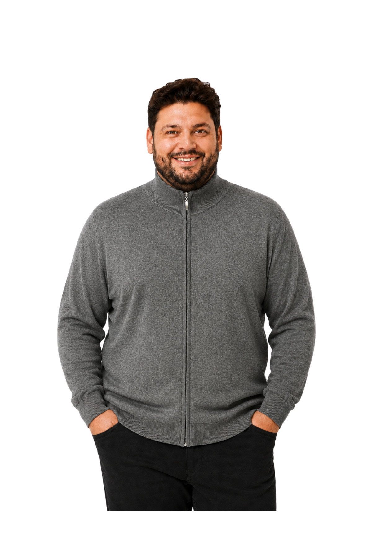 BattalModa Erkek Büyük Beden Füme Fermuarlı Dik Yaka Pamuklu Hırka 3XL-4XL-5XL-6XL