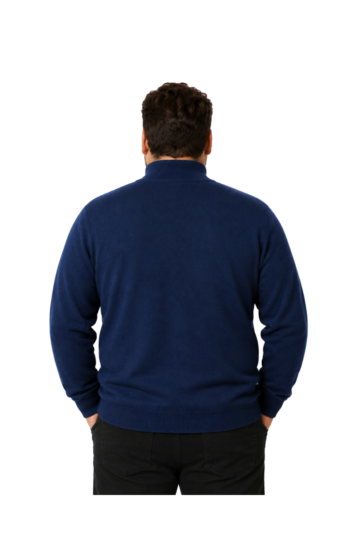 BattalModa Erkek Büyük Beden İndigo Fermuarlı Dik Yaka Pamuklu Hırka 3XL-4XL-5XL-6XL görsel 3