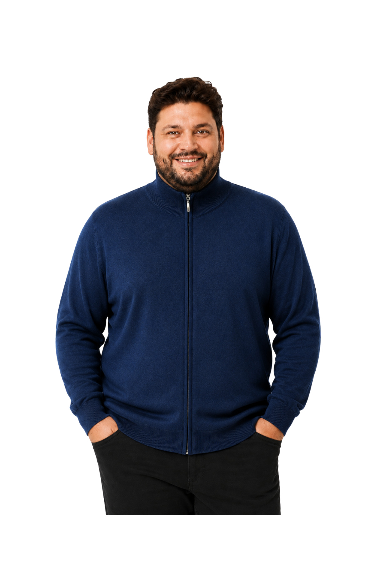 BattalModa Erkek Büyük Beden İndigo Fermuarlı Dik Yaka Pamuklu Hırka 3XL-4XL-5XL-6XL