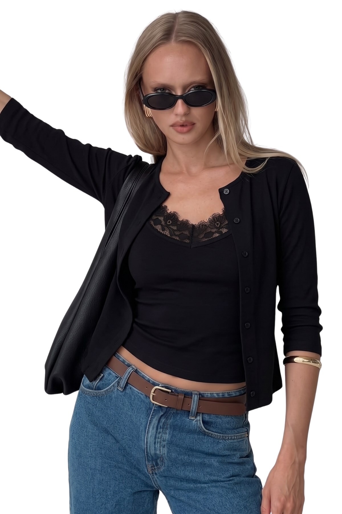 The Champ Clothing Kadın Lagur Dantel Detaylı Atlet Görünümlü Siyah Bluz Hırka, Düğmeli, Uzun Kollu, 100% Pamuk görsel 3
