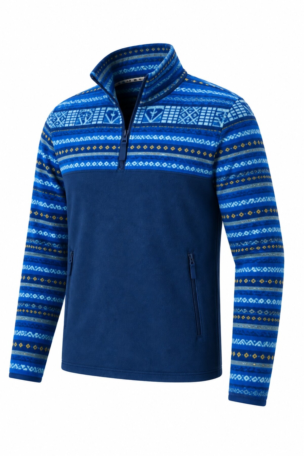 GHASSY CO . Erkek Etnik Desenli 1/4 Zip Yarım Fermuarlı Cepli Polar Outdoor Günlük Kullanım — رنگارنگ 869866344