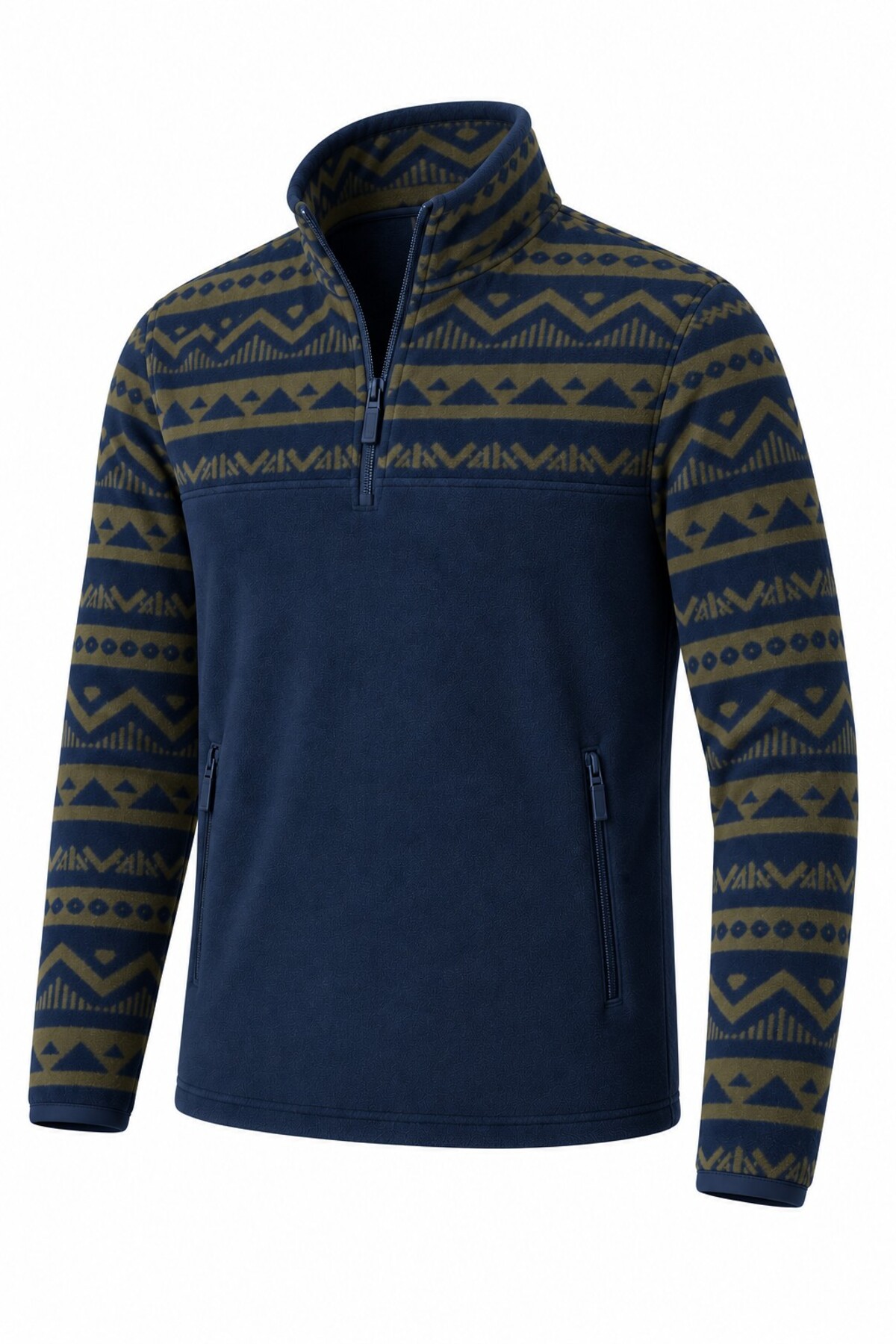 GHASSY CO . Erkek Etnik Desenli 1/4 Zip Yarım Fermuarlı Cepli Polar Outdoor Günlük Kullanım