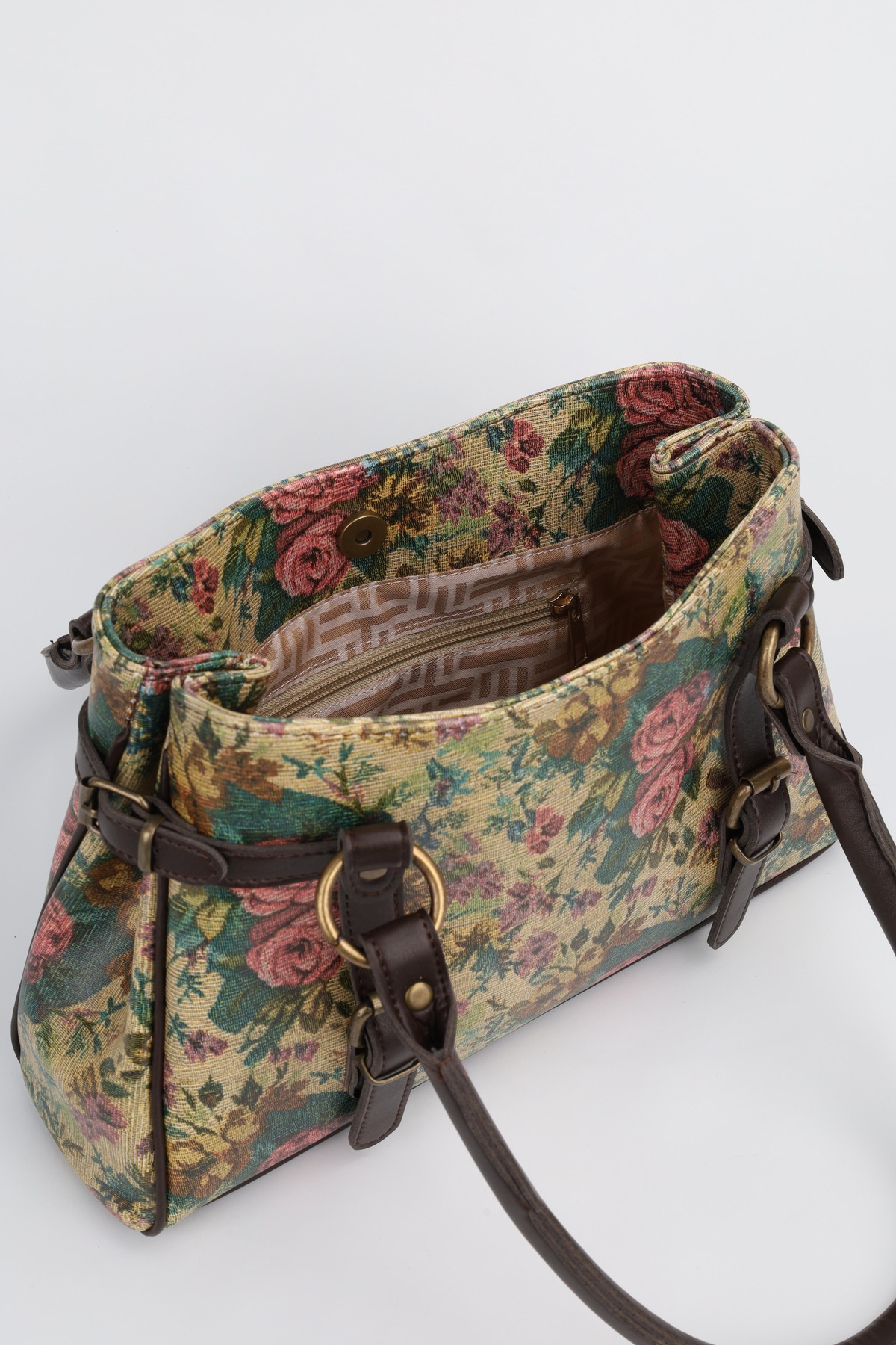 NOTHING Kadın Retro Floral Desenli Tokalı Kemer Detaylı Gold Vintage Aksesuarlı El Omuz Çantası Primood görsel 5