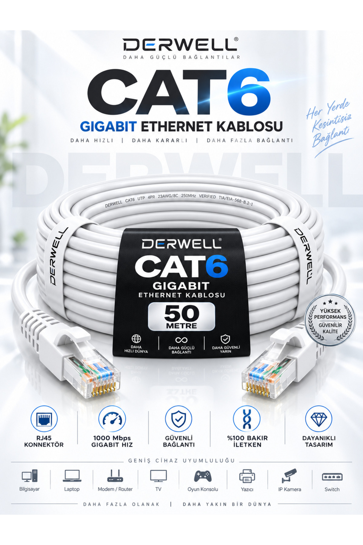 50 Metre CAT6 Ethernet Kablosu Hazır Uçlu RJ45 Konnektör 1000Mbps Fiber İnternet Uyumlu Veri Aktarım LAN Ağ Kablosu Bakır Güvenli Bağlantı Bilgisayar Modem Router TV PS5 Laptop Dayanıklı