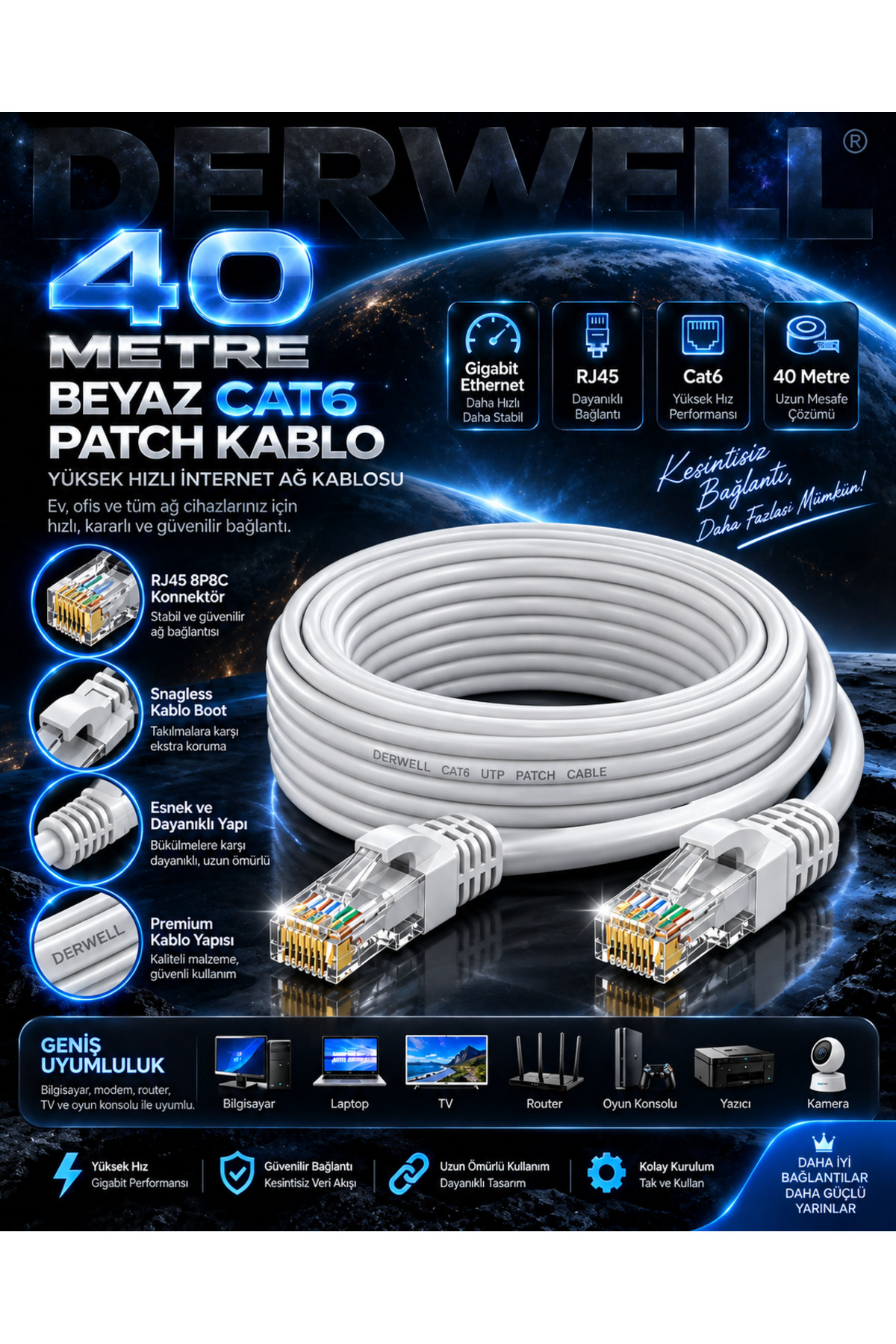 40 Metre Cat6 Fabrikasyon Ethernet Internet Kablosu Hazır Soketli RJ45 Gigabit Hızlı Data Ethernet Kablo Pc Modem Playstation Smart Tv Android Box Fiber Uyumlu Kayıpsız Kaliteli