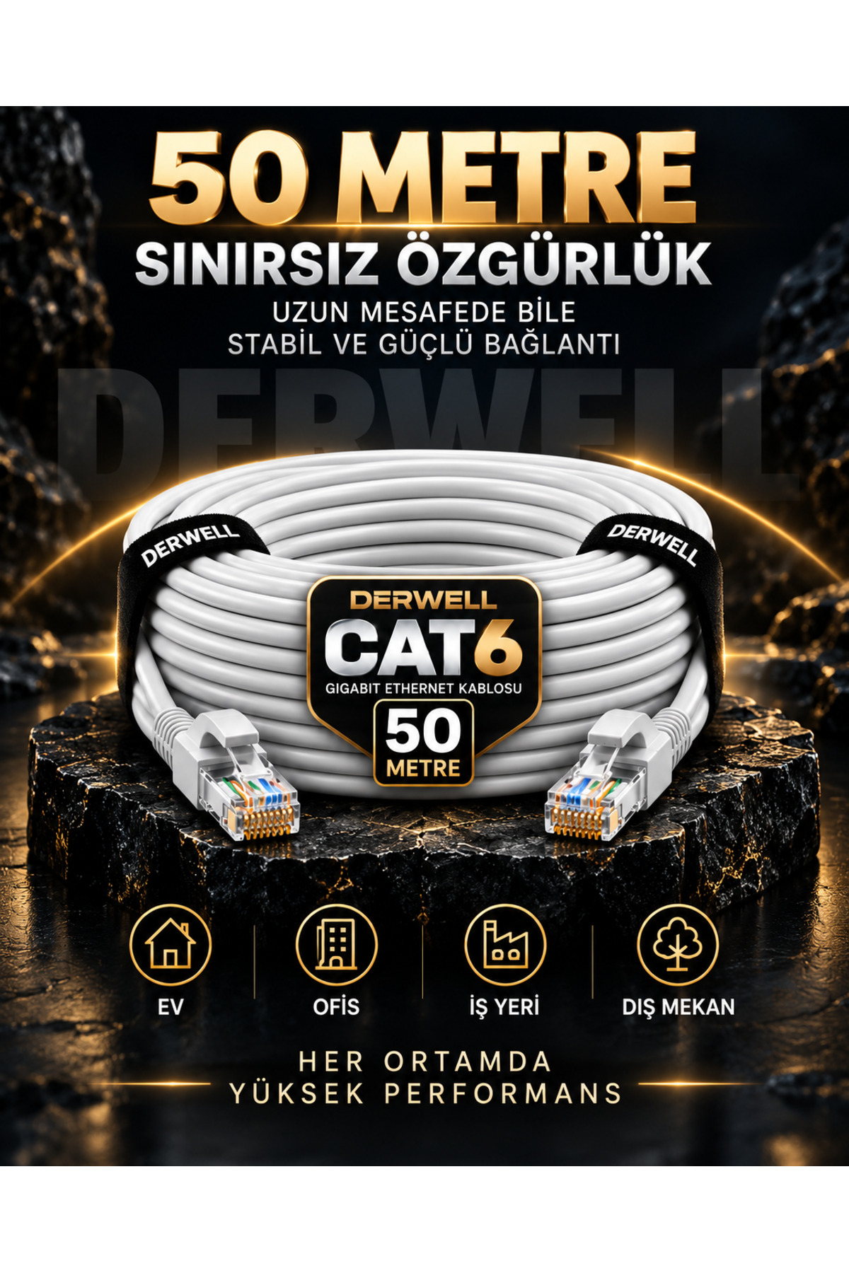 CAT6 50 Metre Gigabit Ethernet İnternet Kablosu RJ45 Konnektörlü Bilgisayar PC Modem Router Smart TV Oyun Konsolu Ev Ofis Uyumlu 1000 Mbps Yüksek Hızlı Kesintisiz LAN Ağ Bağlantı Kablosu