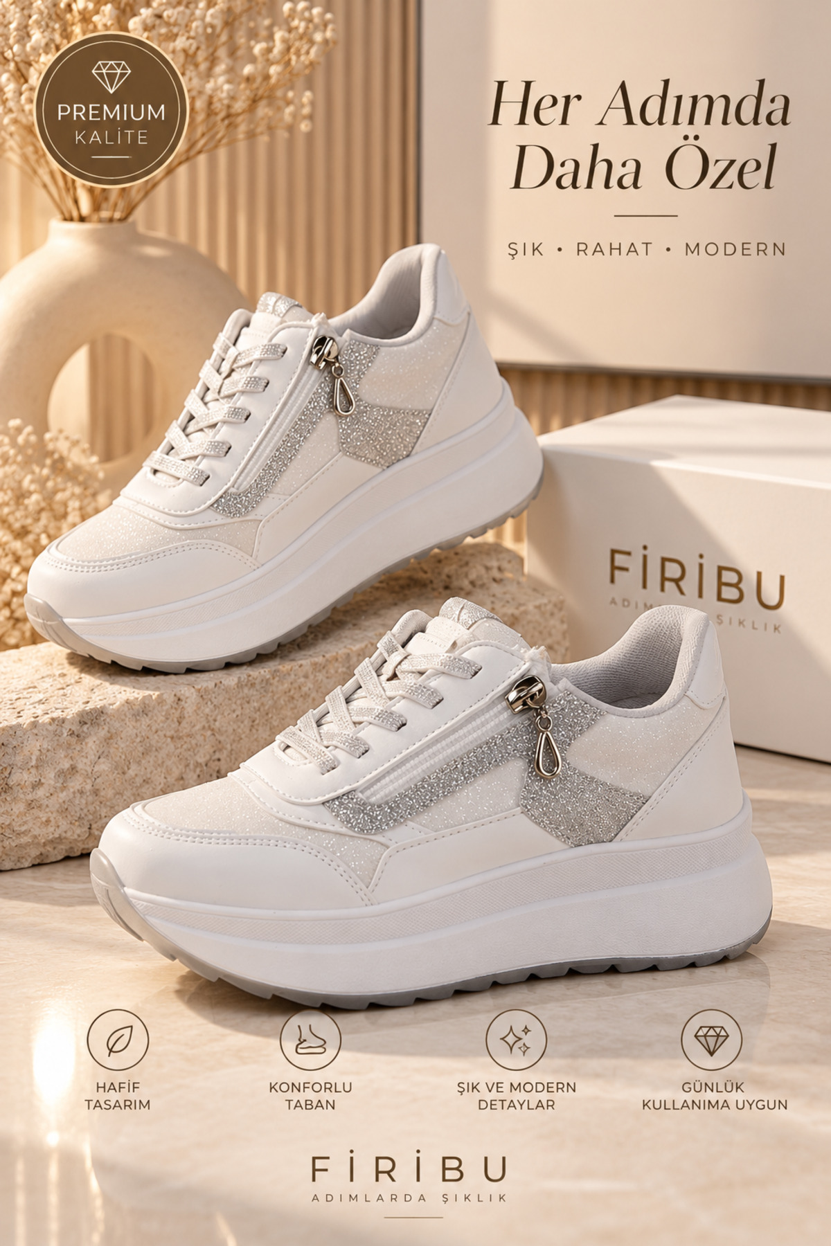 Firibu Bağcıklı Gizli Topuk Ortapedik Dolgu Taban Taşlı Simli Spor Ayakkabı