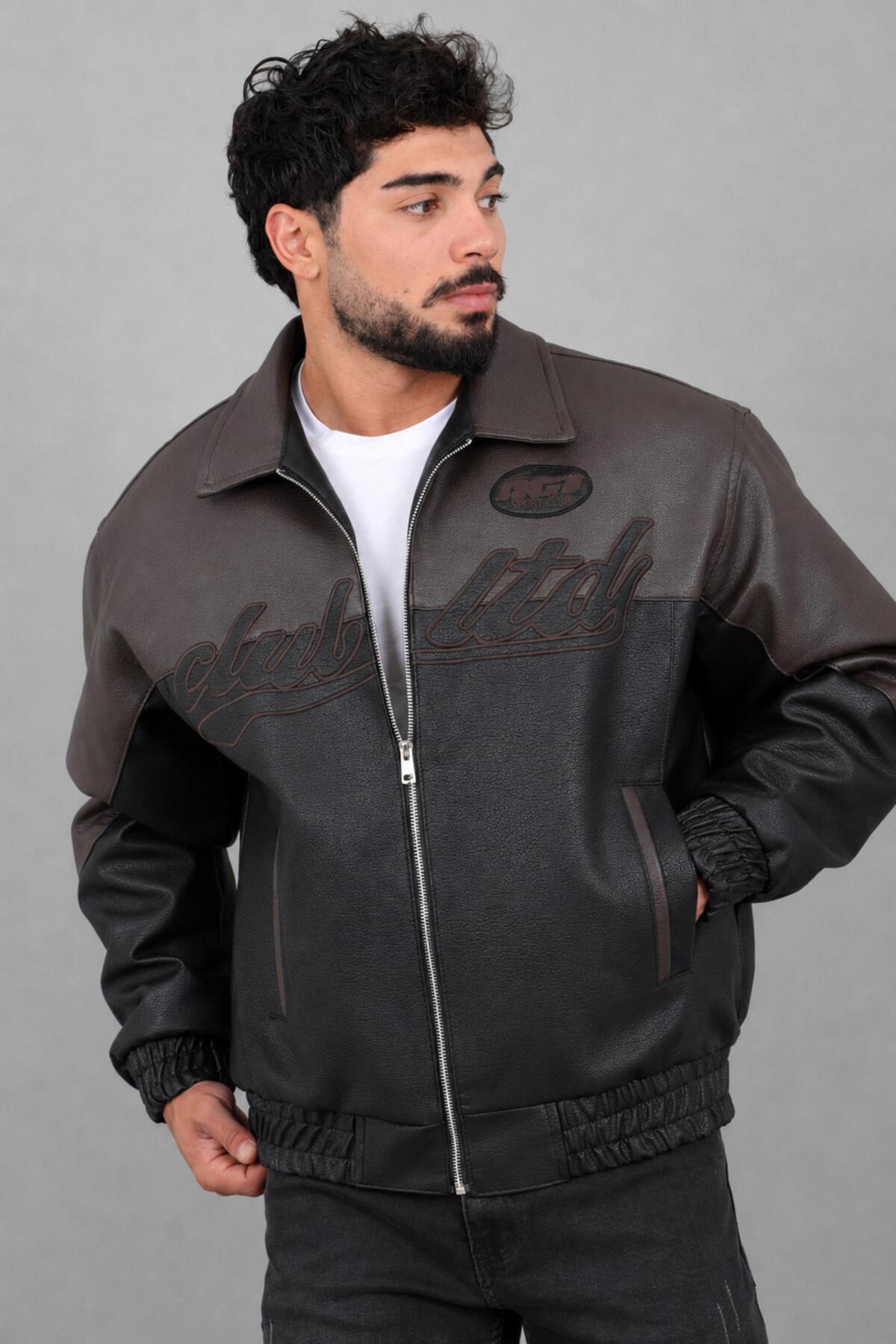 کاپشن چرم مصنوعی سایز بزرگ دو رنگ چاپ شده KMD 882_50531 — رنگارنگ — تصویر 3 از 8