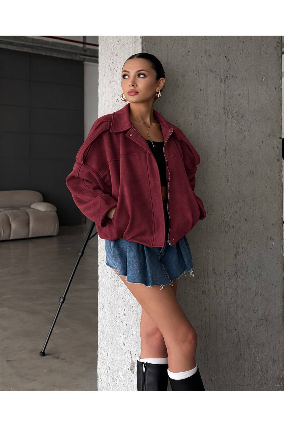 mega lucky Oversize Kadın Bomber Bordo Süet Deri Ceket görsel 4