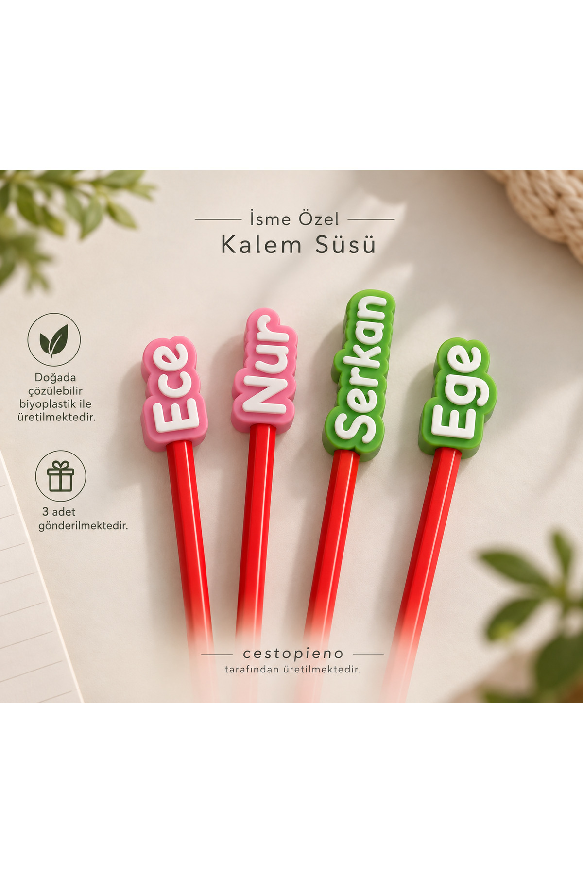 CESTOPİENO İsme Özel Kalem Süsü – Kişiye Özel Kalem Ucu Süsü – 3’lü Set (Kalem Dahil Değildir!)