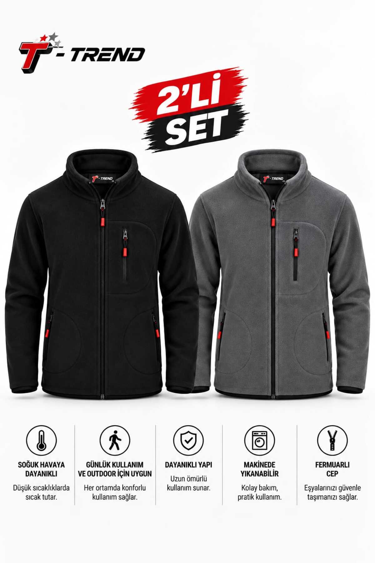 T.trend POLAR CEKET İKİLİ SET SİYAH GRİ REGULAR KALIP ERKEK/UNİSEX