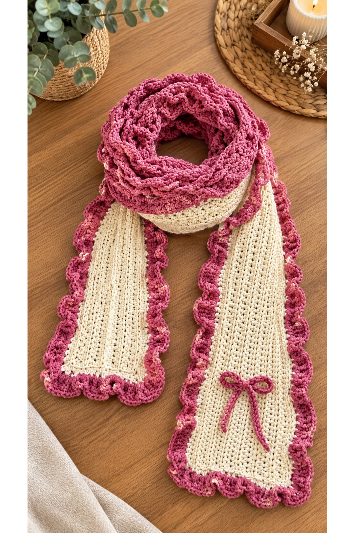 Walora Rose Collection El Örgüsü Pinterest Özel Tasarım Kadın Atkı, Beyaz & Gül Kurusu Fırfırlı Örgü Atkı görsel 3