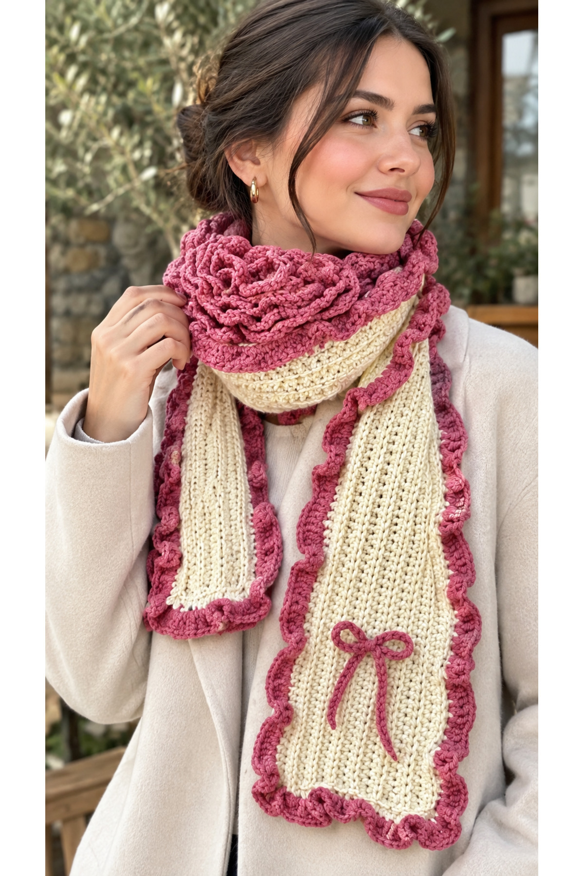 Walora Rose Collection El Örgüsü Pinterest Özel Tasarım Kadın Atkı, Beyaz & Gül Kurusu Fırfırlı Örgü Atkı