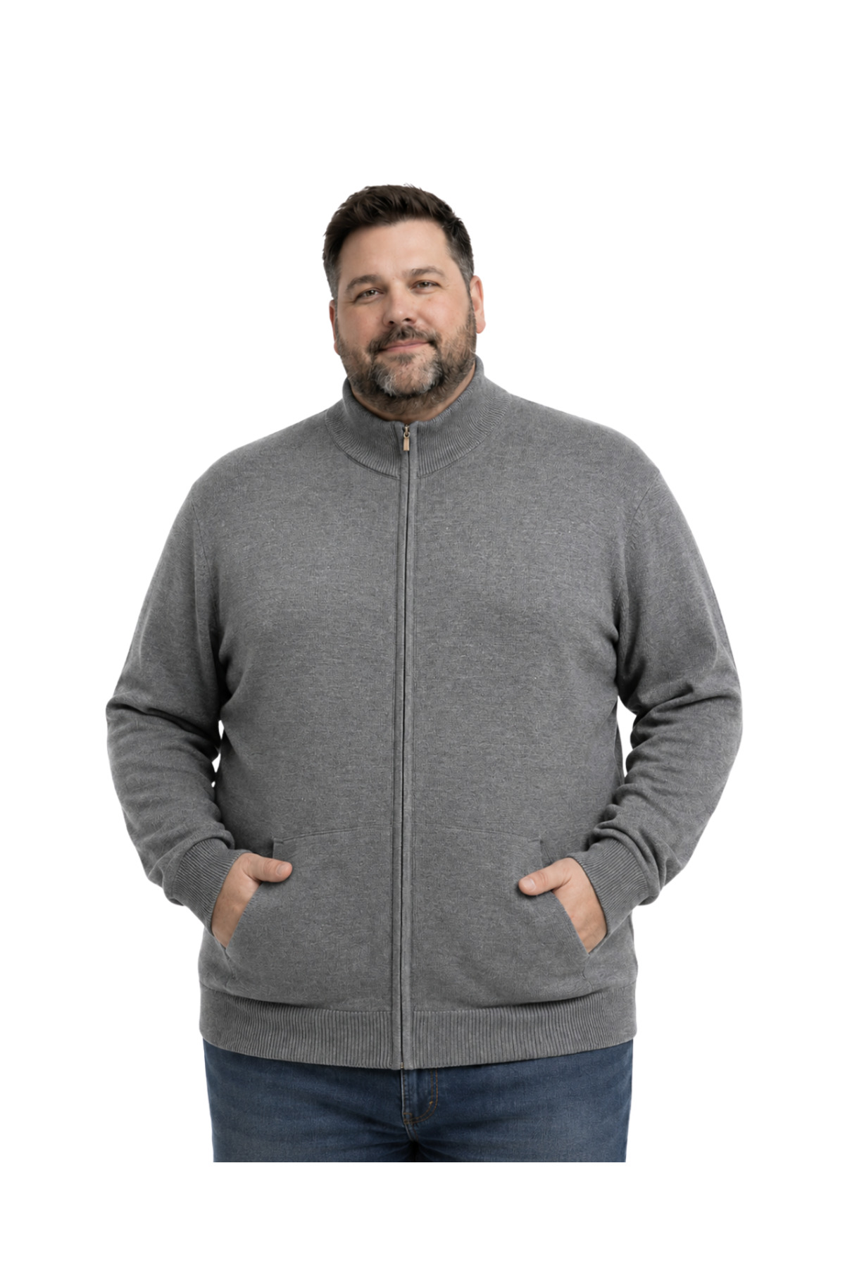 BattalModa Erkek Büyük Beden Füme Basic Cepli Triko Hırka 3XL-4XL-5XL-6XL
