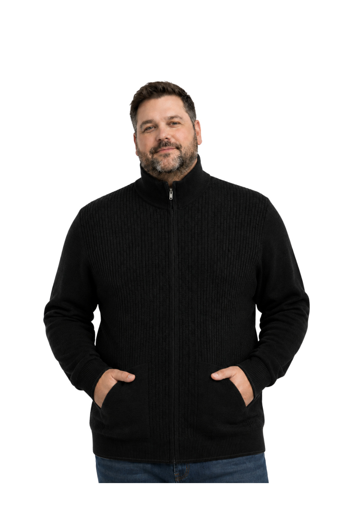 BattalModa Erkek Büyük Beden Siyah Dikey Örgü Cepli Triko Hırka 3XL-4XL-5XL-6XL