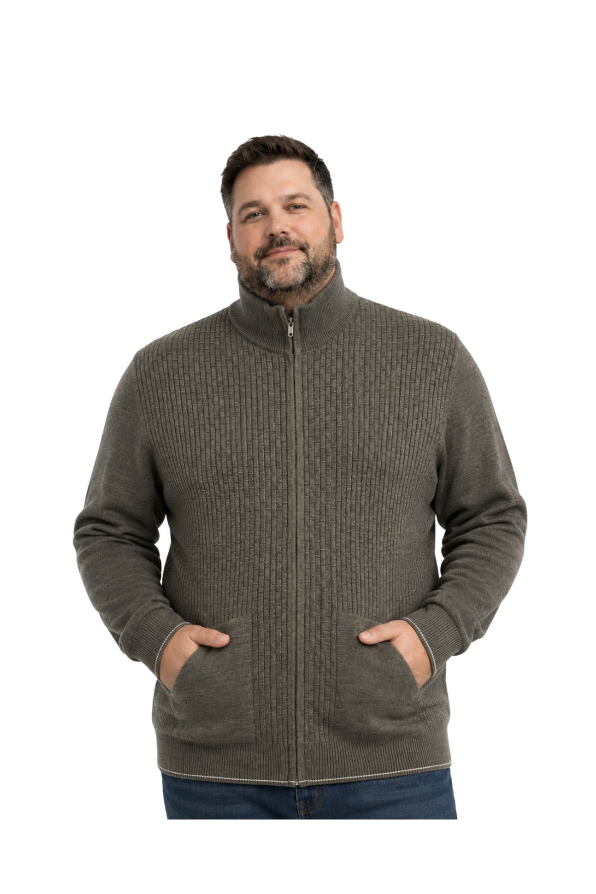 BattalModa Erkek Büyük Beden Koyu Vizon Dikey Örgü Cepli Triko Hırka 3XL-4XL-5XL-6XL