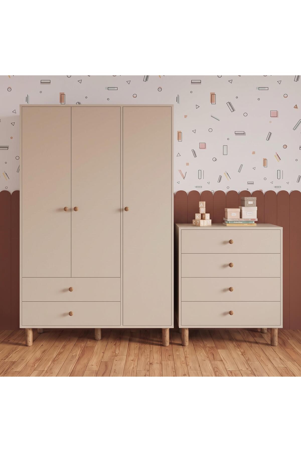 Bimossa TK3030 Bunny Kumtaşı 3 Kapaklı Gardırop, 4 Çekmeceli Şifonyer,Yüksek Ayaklı Bebek Çocuk Odası Takımı