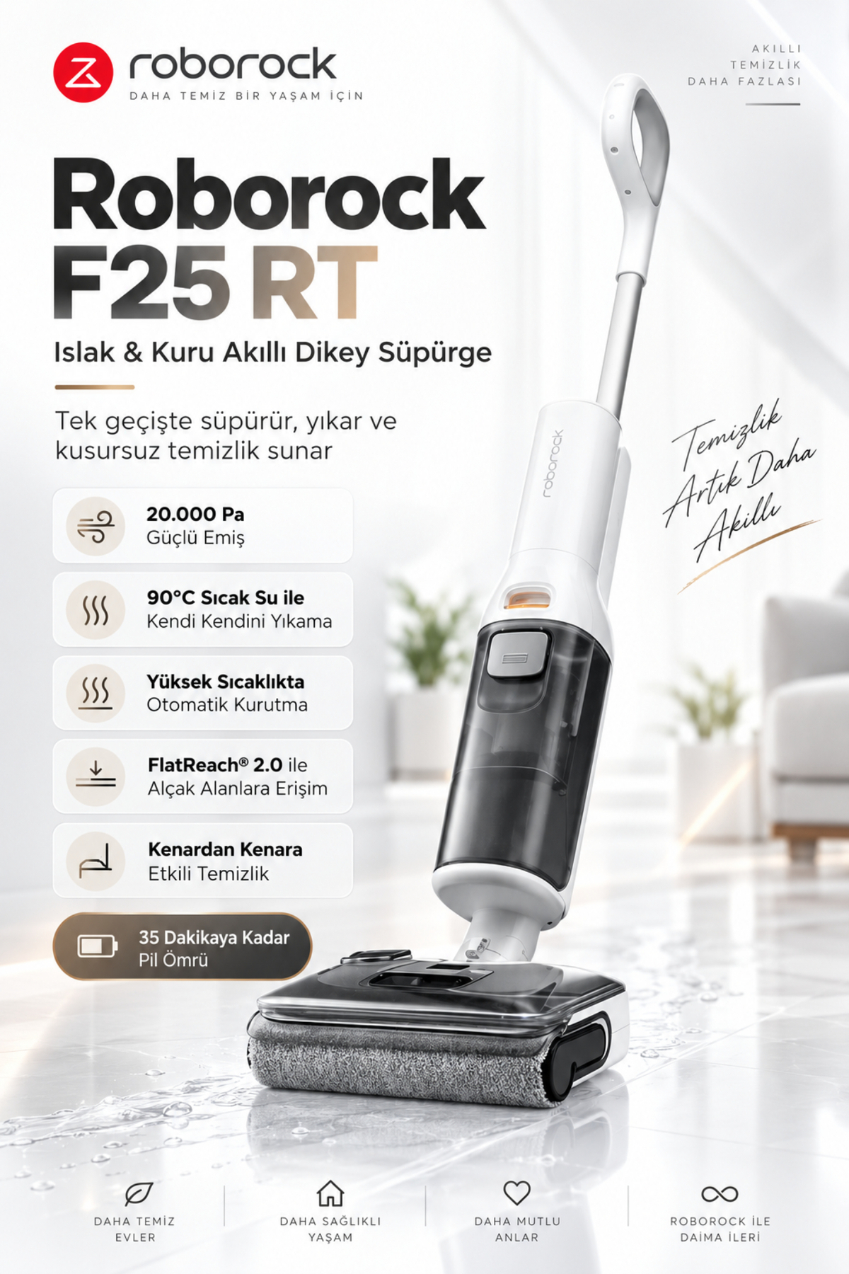 Roborock RT Islak Kuru Akıllı Dikey Süpürge 20.000 Pa Güçlü Emiş 90°C Sıcak Su ile Kendi Kendini Yıkama, Otomatik Kurutma, FlatReach 2.0, Kenardan Kenara Temizlik, 35 Dakikaya Kadar Pil Ömrü Beyaz