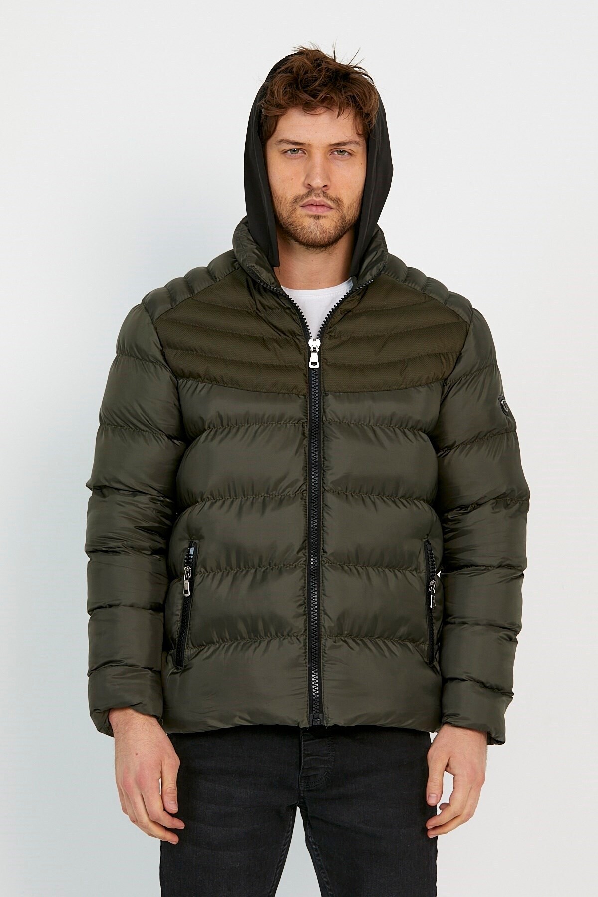 Erkek Yeşil Su ve Rüzgar Geçirmez Softshell Kapüşonlu Kalın Kürklü Şişme Mont görsel 2
