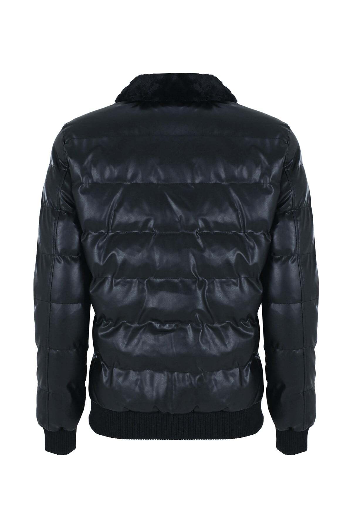 Erkek Siyah Slim Fit Içi Kalın Yakası Kürklü Trikolu Su İtici Şişme Deri Ceket & Mont görsel 2
