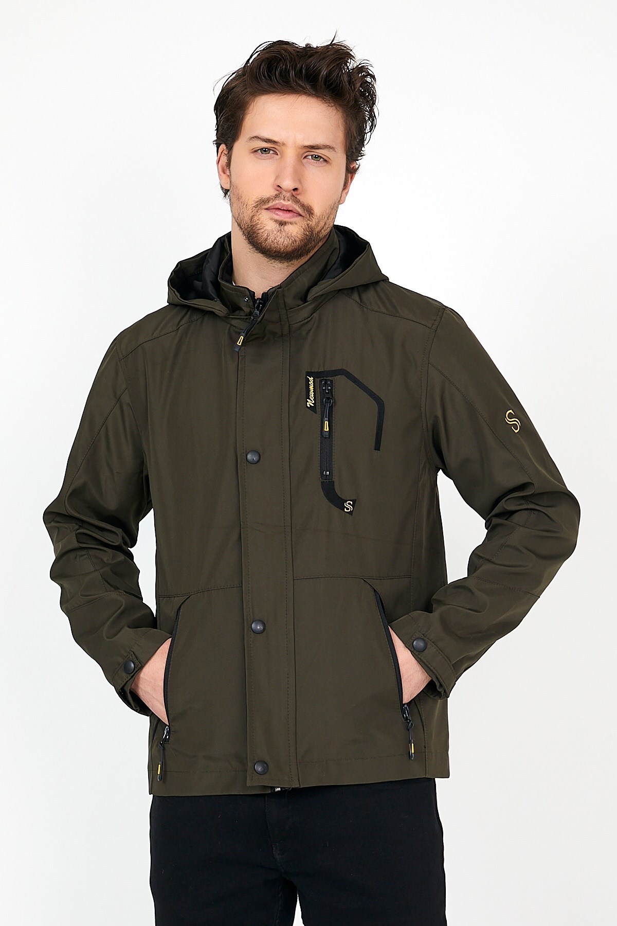 Erkek Sarı Softshell Kapüşonlu İç Cepli Su ve Rüzgar Geçirmez Mevsimlik & Yazlık Mont - Yeşil