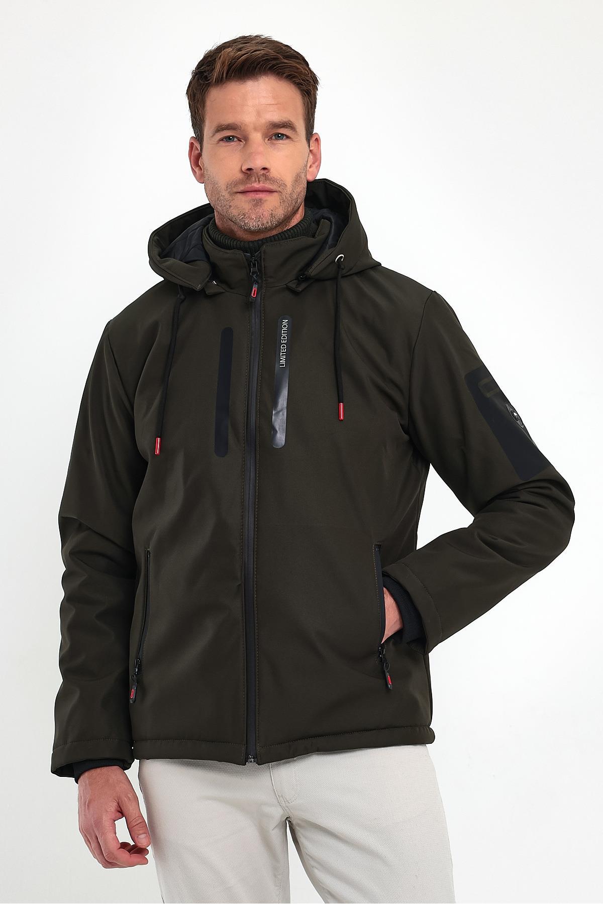 Erkek Yeşil Su ve Rüzgar Geçirmez Kalın Rahat Kalıp Softshell Erkek Mont