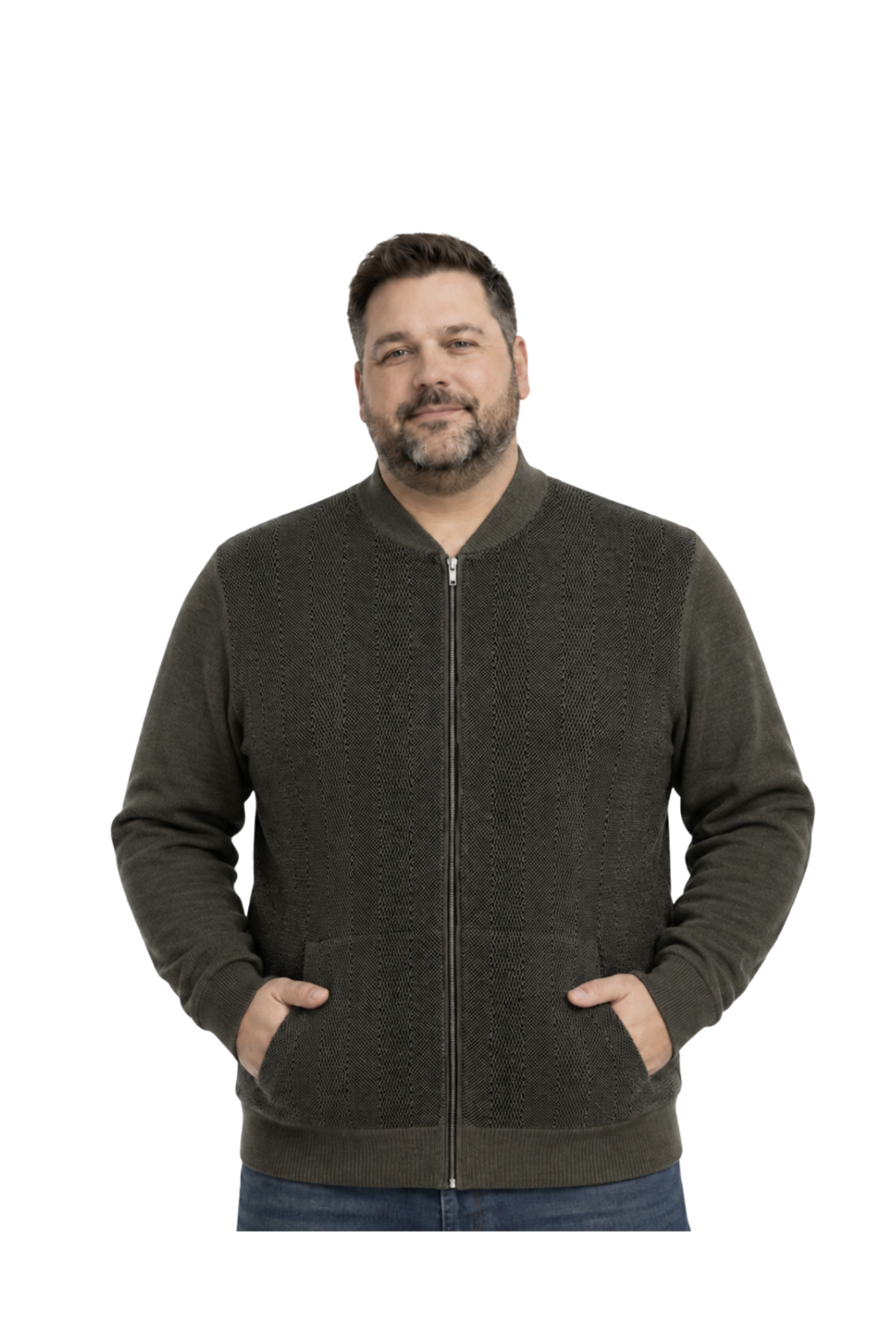 BattalModa Erkek Büyük Beden Koyu Vizon Vento Cepli Triko Hırka 3XL-4XL-5XL-6XL