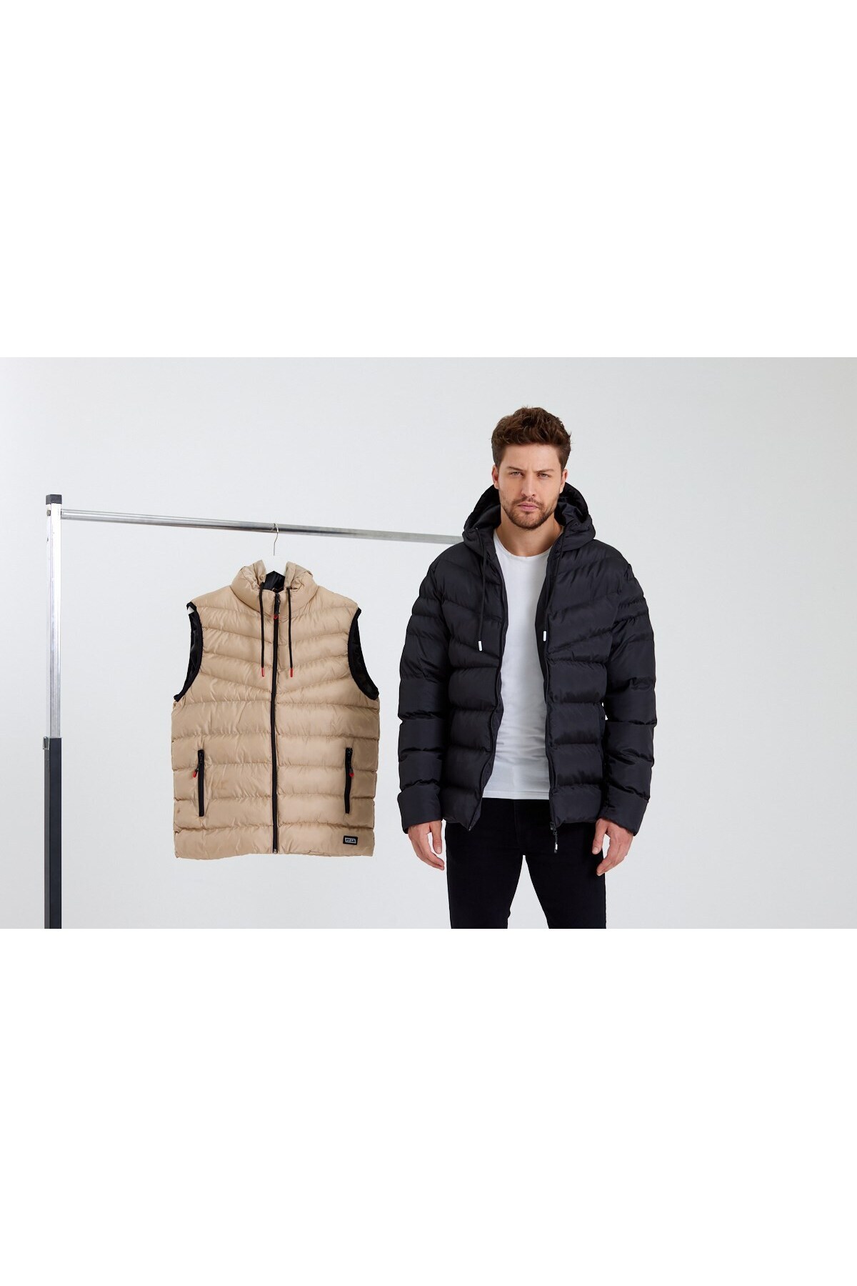 Erkek Yeşil & Krem Kapüşonlu Şişme Mont & Yelek Paket - Koyu Siyah - Krem