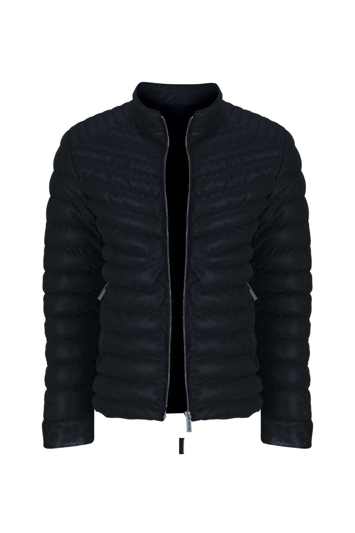 Erkek Siyah Slim Fit Içi Kalın Kürklü Su İtici Şişme Kaz Tüyü Karışımlı İthal Deri Ceket & Mont