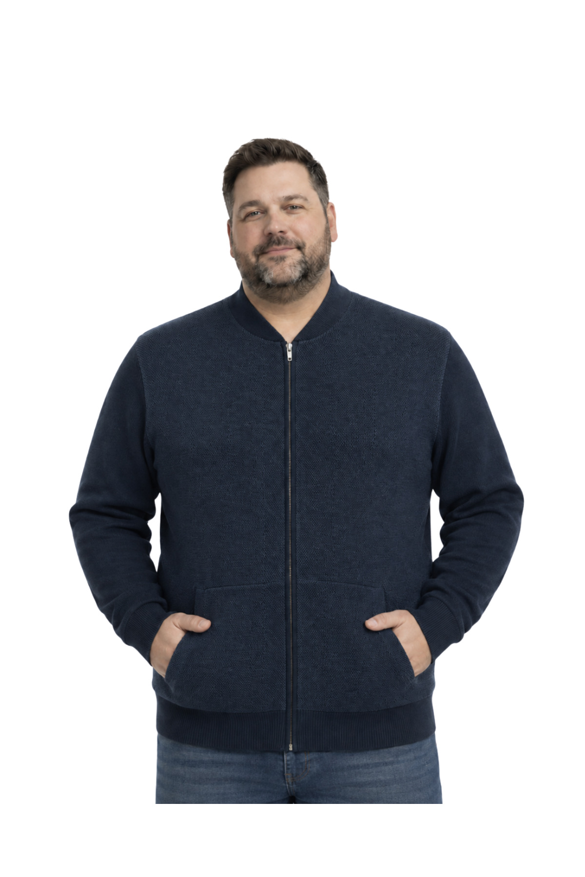 BattalModa Erkek Büyük Beden Melanj Lacivert Vento Cepli Triko Hırka 3XL-4XL-5XL-6XL