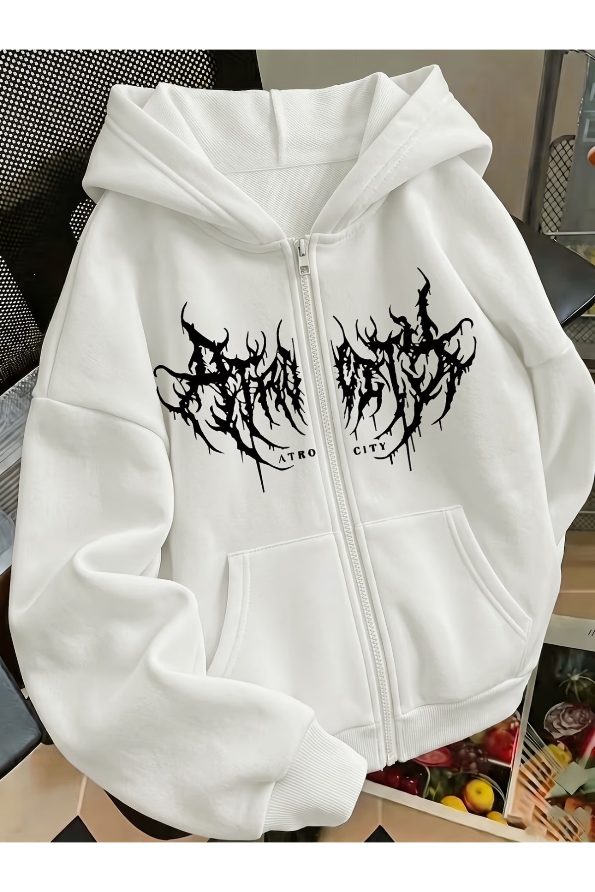 Toum Gothic Design Oversize Fermuarlı Unisex Kapüşonlu Hırka