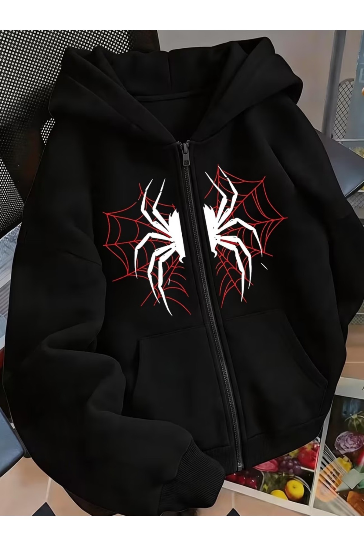 Touz Moda SpiderHeart Design Oversize Fermuarlı Unisex Kapüşonlu Hırka — مشکی SPSPSM1