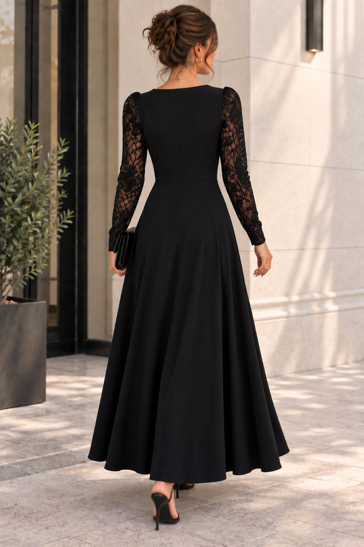 DRESSIFY WOMEN’S FASHION Kadın Uzun Kollu Dalgalı V Yaka Dantel Kol Detaylı Krep Uzun Abiye Elbise görsel 5