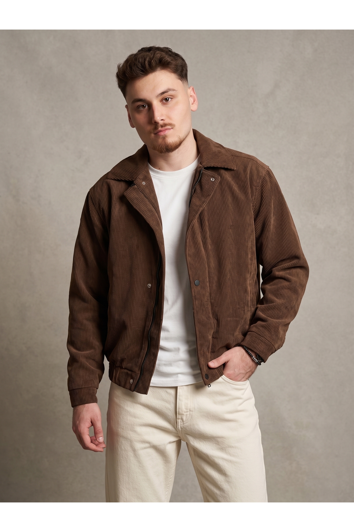 Erkek Fitilli Kadife Bomber Ceket Fermuarlı Çıtçıtlı Mont — قهوه‌ای 115