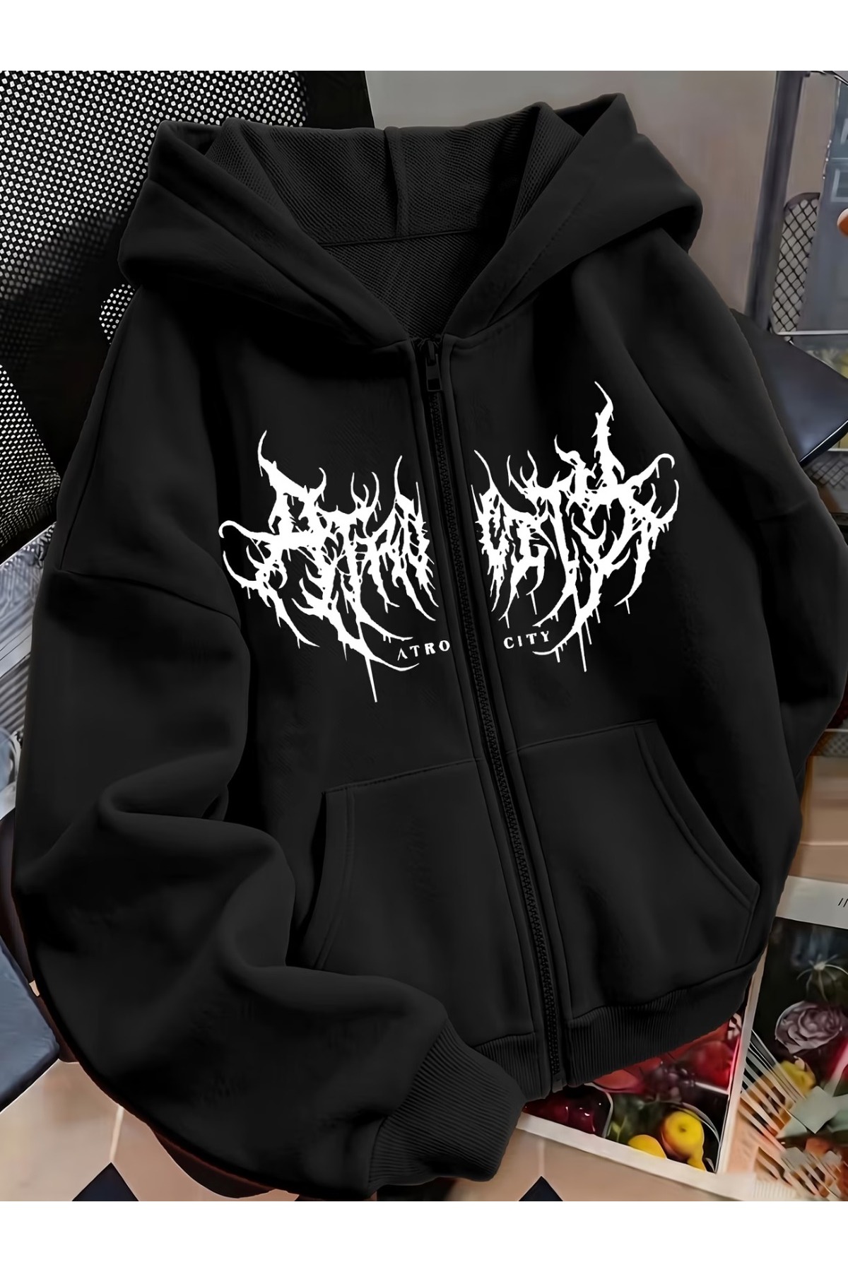 Toum Gothic Design Oversize Fermuarlı Unisex Kapüşonlu Hırka — رنگارنگ GTAAZ1