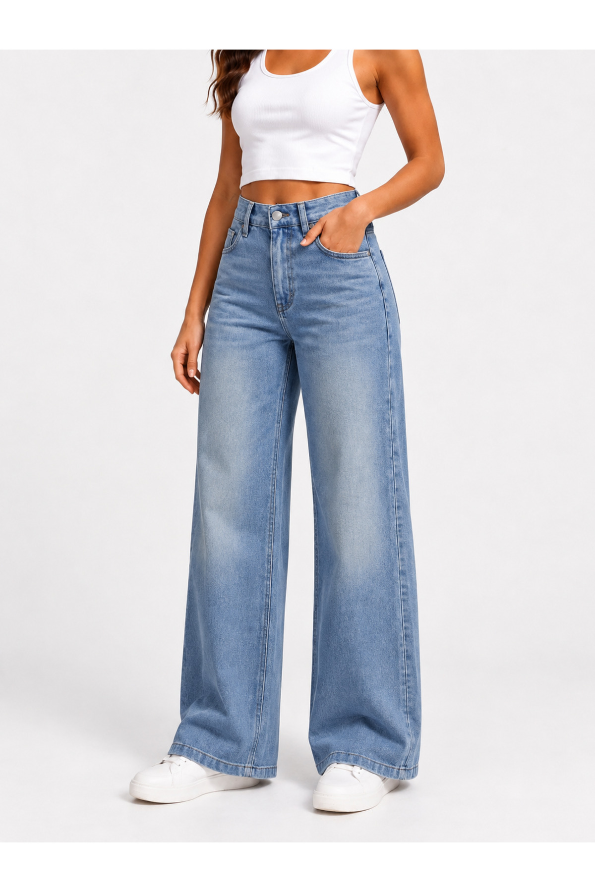 J&KSTORES Kadın Yüksek Bel Bol Paça Jean Kot Palazzo Pantolon görsel 3
