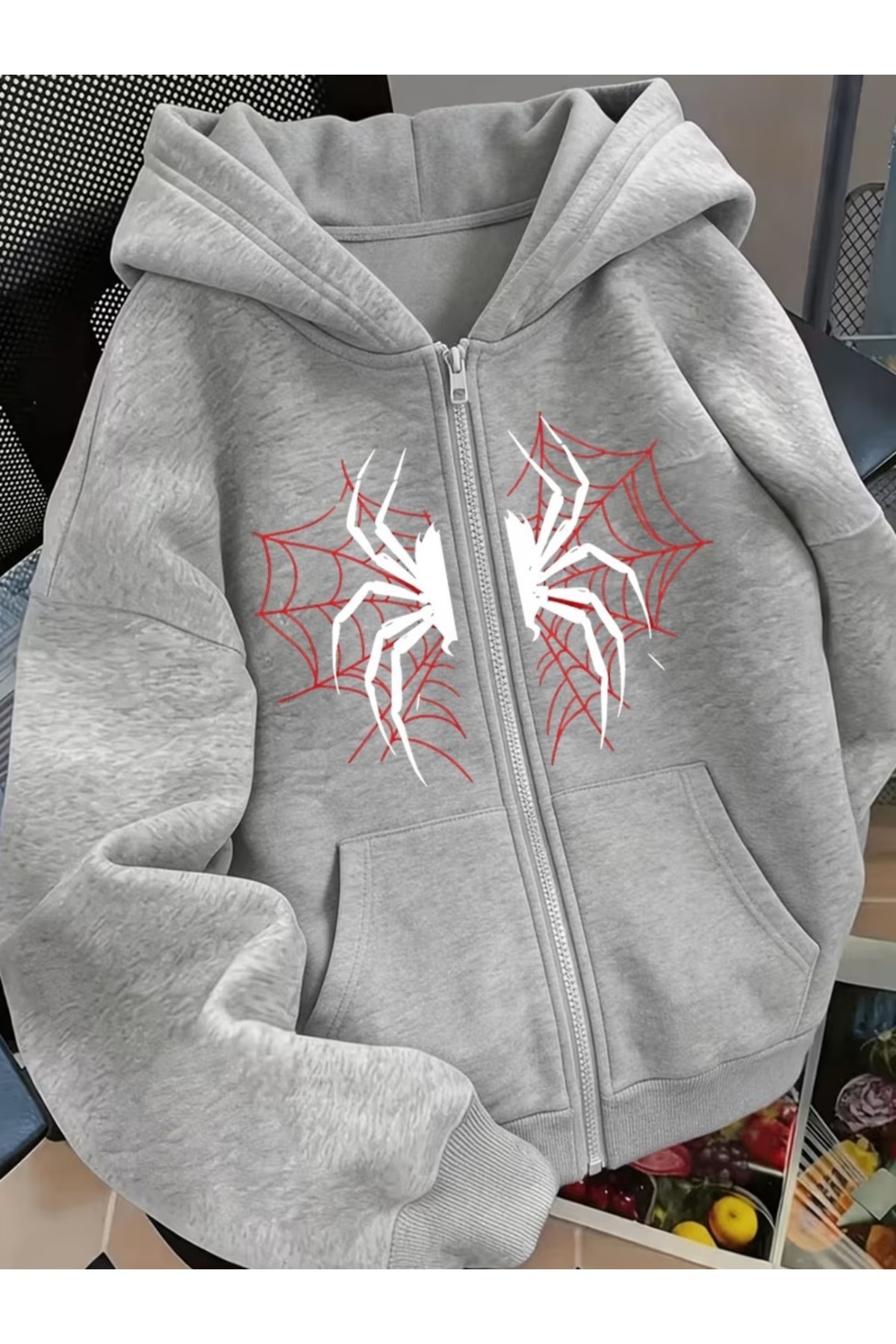 Touz Moda SpiderHeart Design Oversize Fermuarlı Unisex Kapüşonlu Hırka — خاکستری SPSPSM1