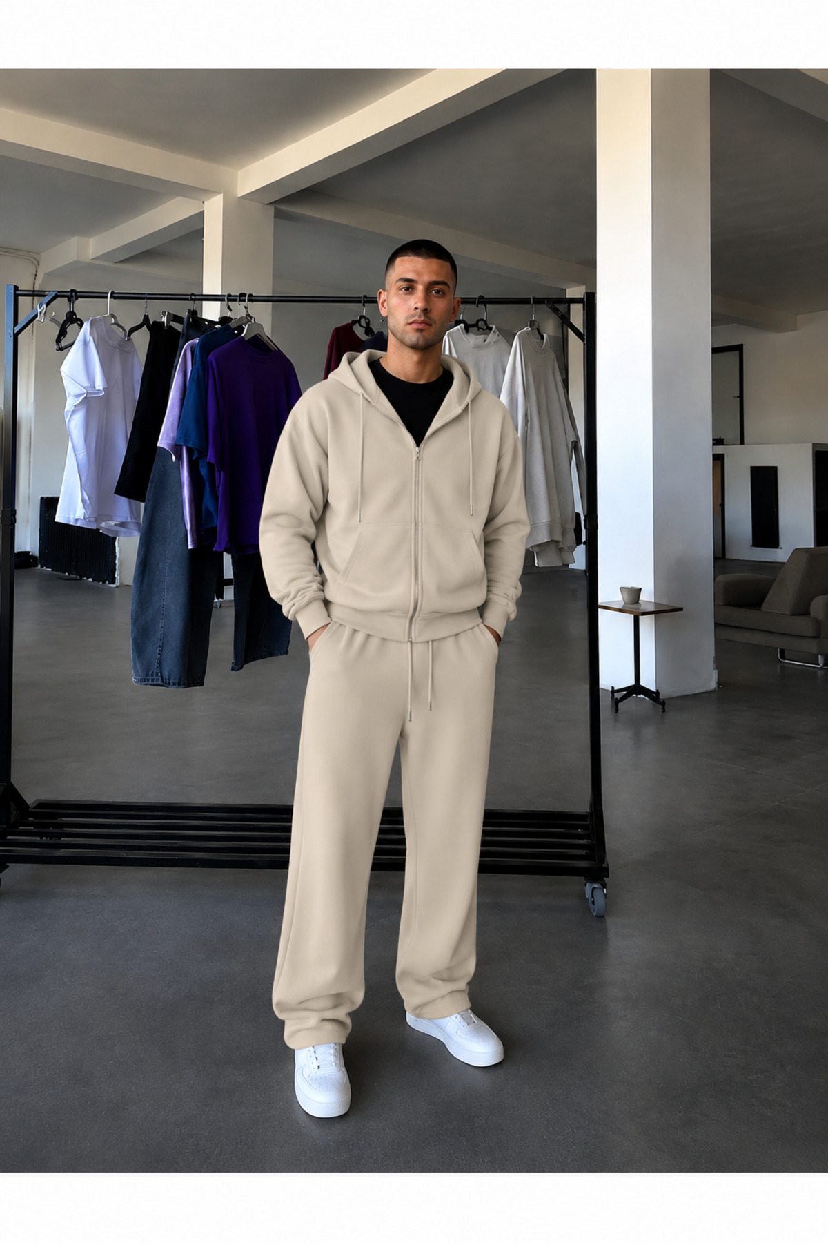 Erkek Fermuarlı Bol Paça Baggy Oversize İkili Eşofman Takımı — بژ BGHRTK2 — تصویر 3 از 3