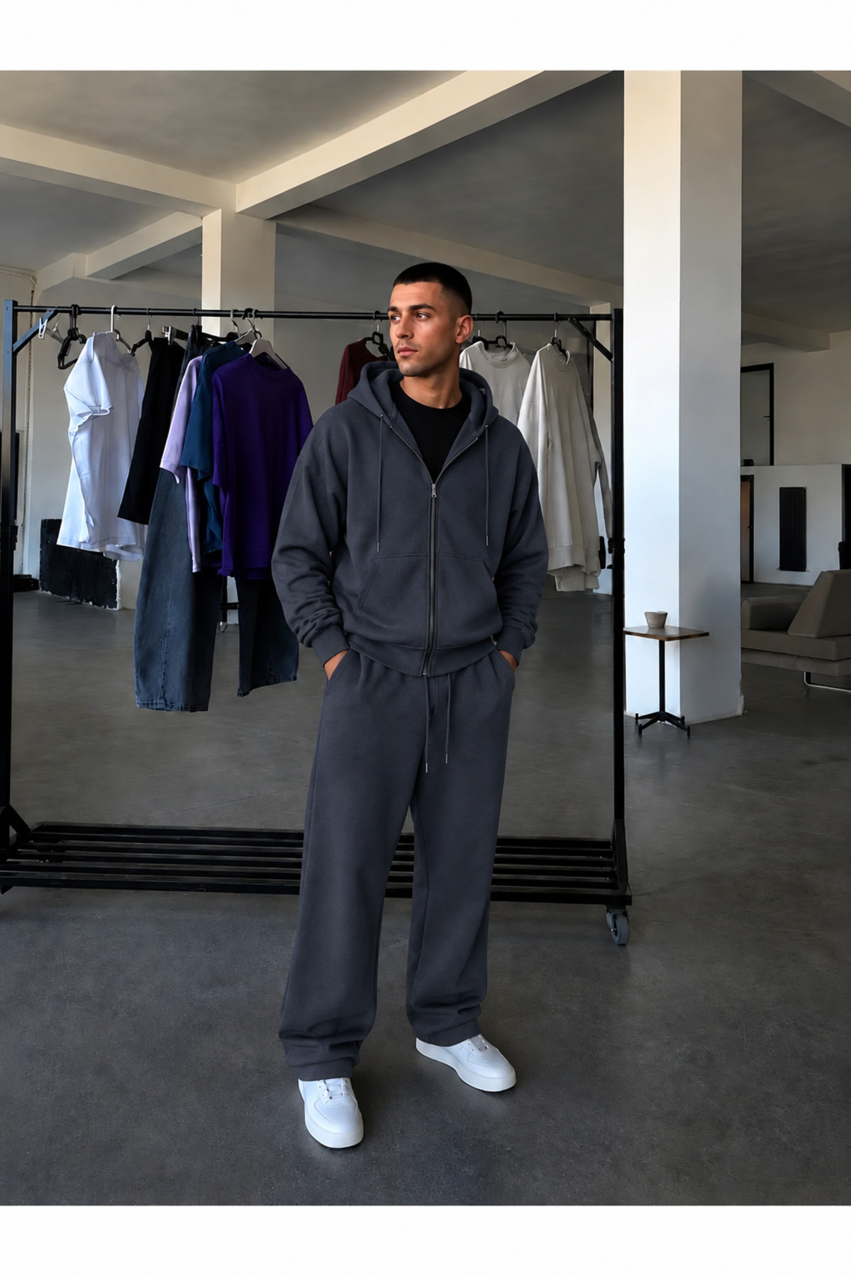 BARLİZ Erkek Fermuarlı Bol Paça Baggy Oversize İkili Eşofman Takımı — خاکستری BGHRTK2